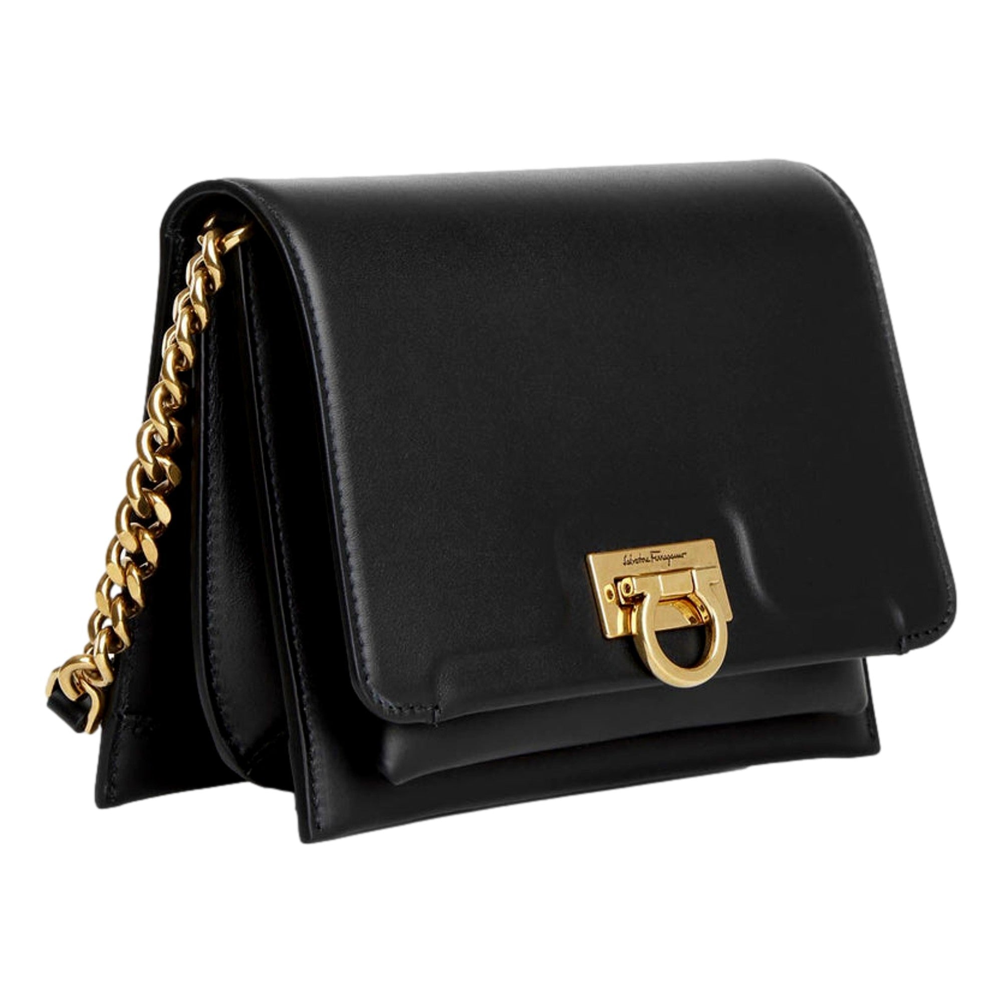 Ferragamo Trifolio Black Leather Flap Crossbody Bag Gold Gancini Designer