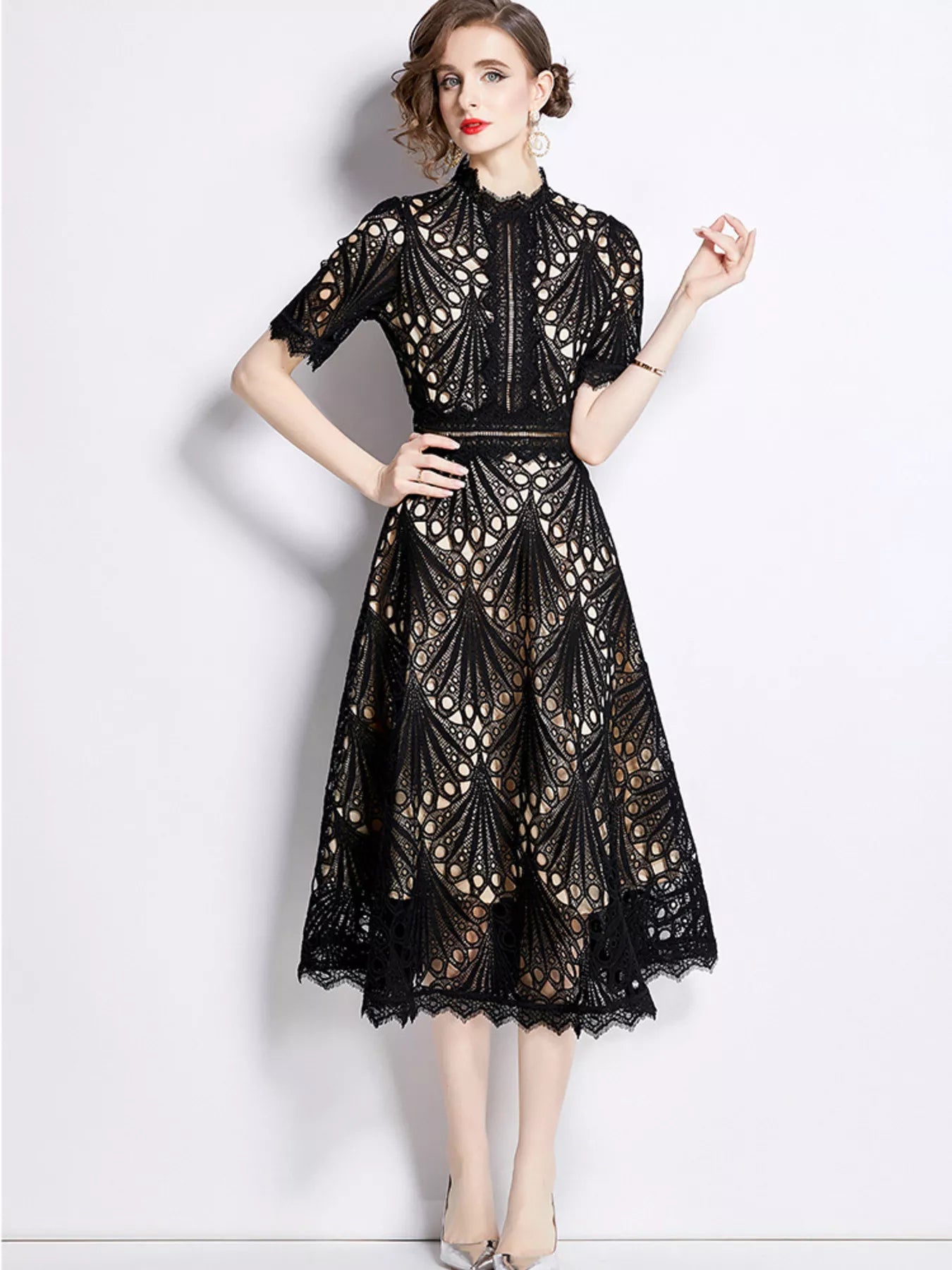 Full Size Lace Short Sleeve Midi Dress Plus Size