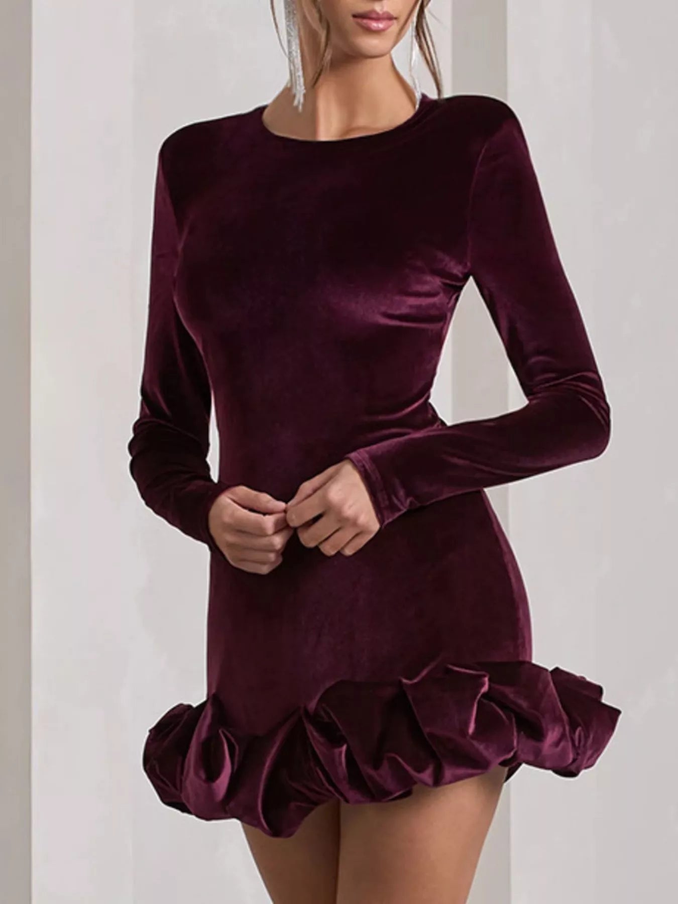 Velvet Ruched Hem Long Sleeve Dress