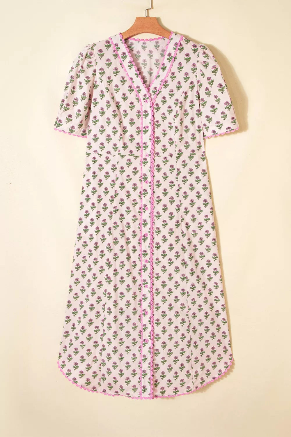 Floral Print V Neck Scallop Trim Button Front Short Sleeve Dress