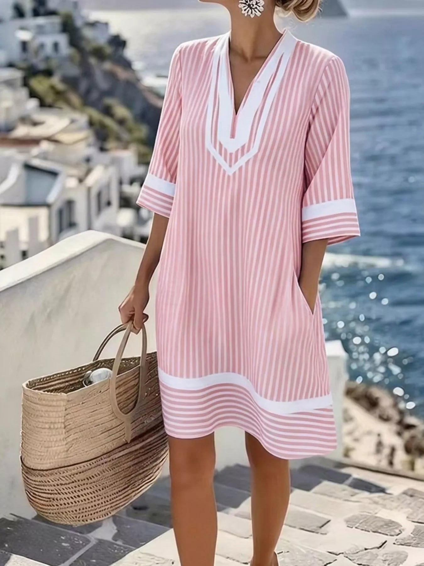 Full Size Striped V-Neck Casual Dress Plus Size