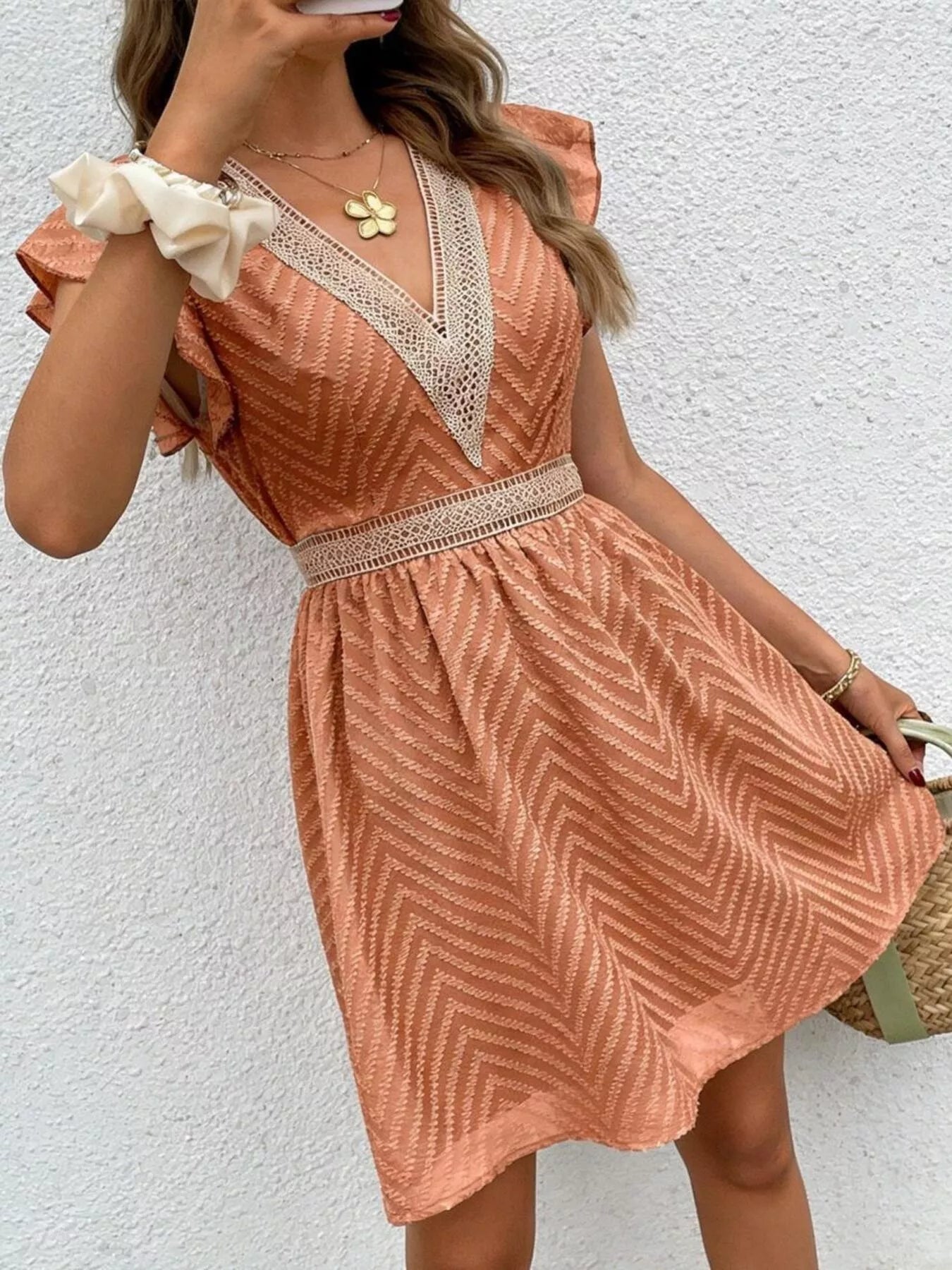 V-Neck Ruffle Sleeve Mini Dress