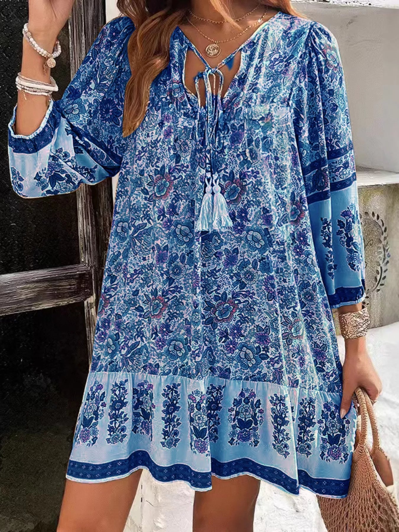 Floral Print Tassel Tie Neck Mini Dress