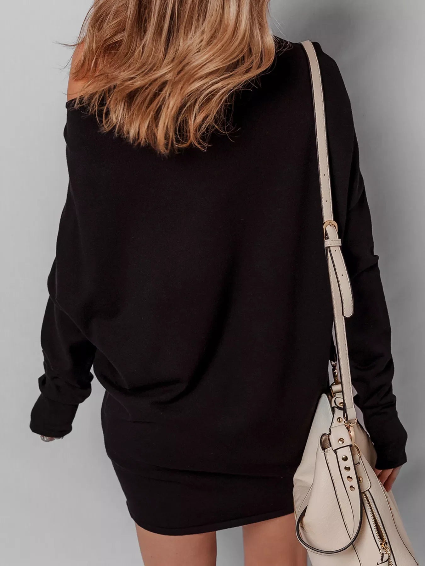 Asymmetric Neck Batwing Sleeve Shift Mini Sweater Dress