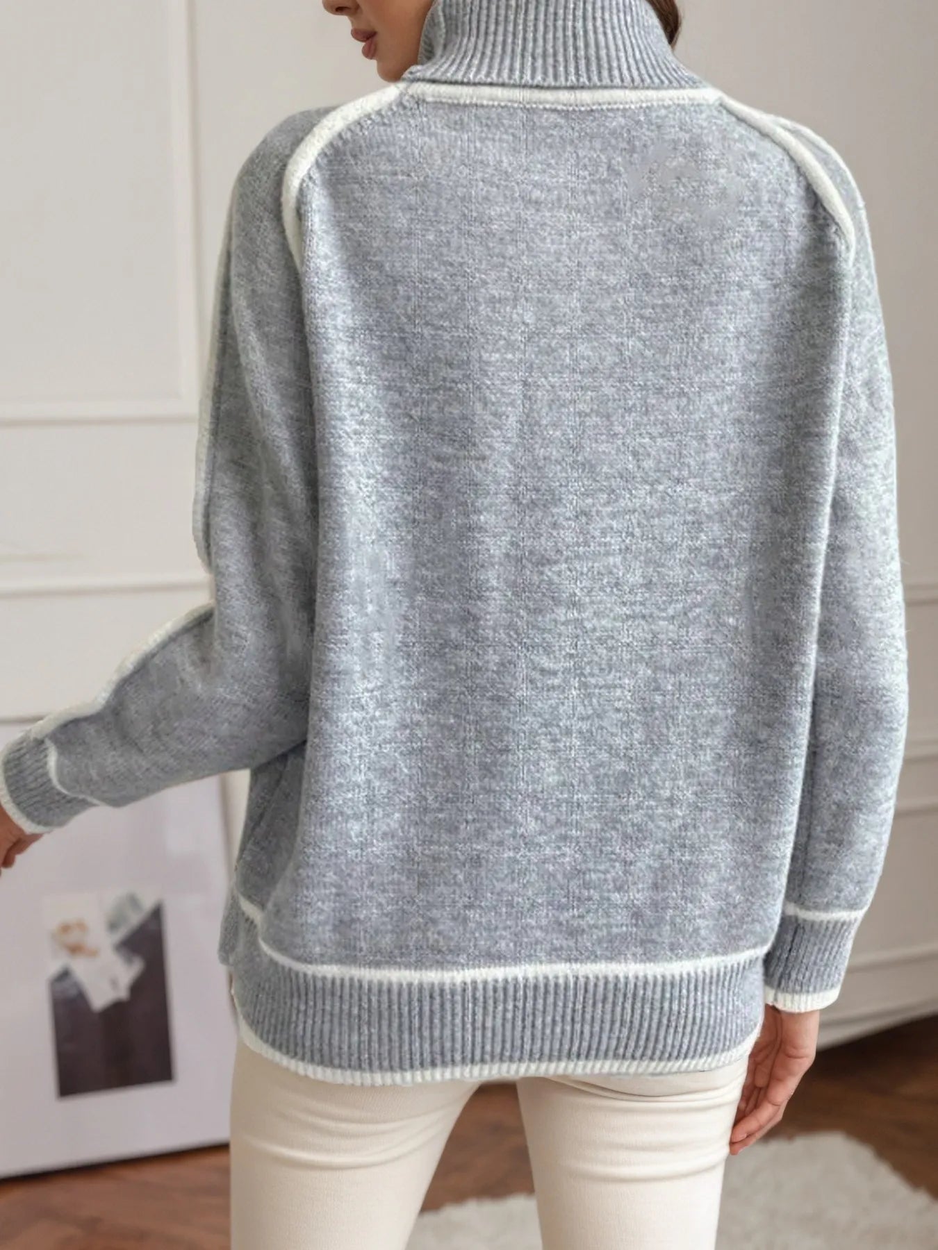 Turtleneck Contrast Trim Sweater with Ribbed Details