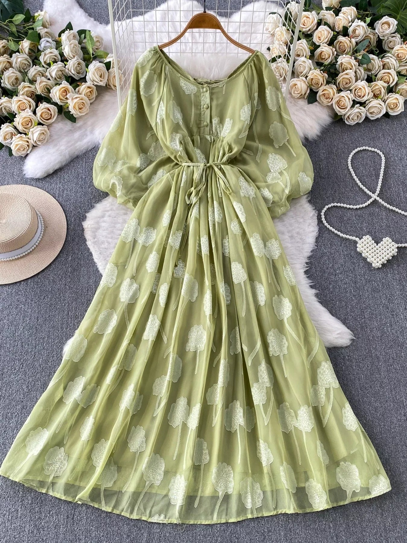 Button Front Puff Sleeve Chiffon Dress