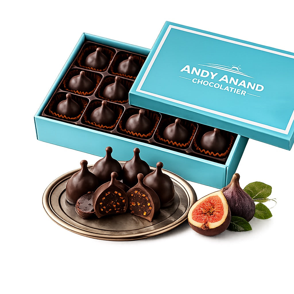 Andy Anand Vegan Belgian Dark Chocolate Figs - 24 Pc Gift Box, Premium 60% Cocoa Butter, Dairy-Free Gourmet Confection, Perfect for Birthday, Valentine’s & Anniversary Gifts - Handcrafted in California