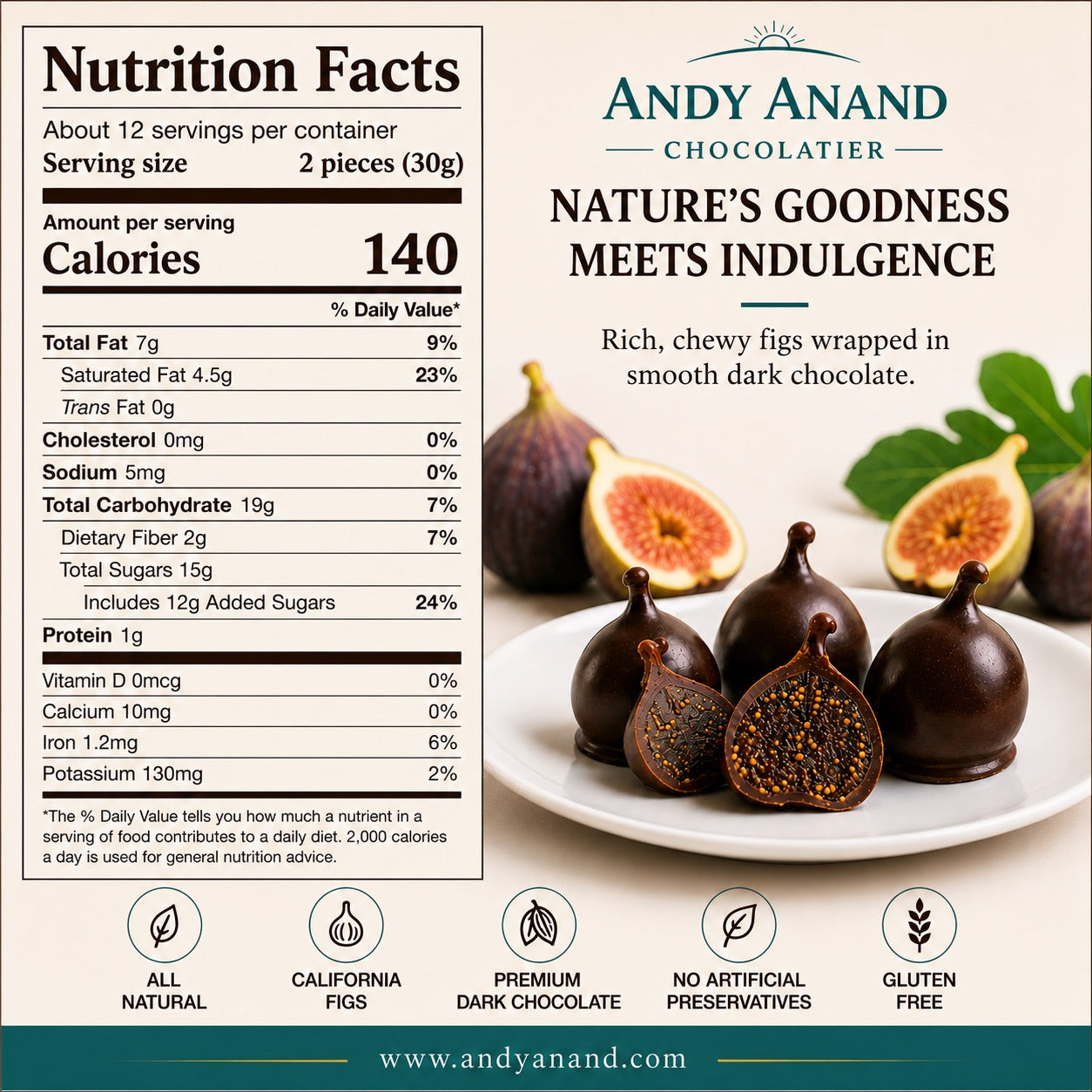 Andy Anand Vegan Belgian Dark Chocolate Figs - 24 Pc Gift Box, Premium 60% Cocoa Butter, Dairy-Free Gourmet Confection, Perfect for Birthday, Valentine’s & Anniversary Gifts - Handcrafted in California