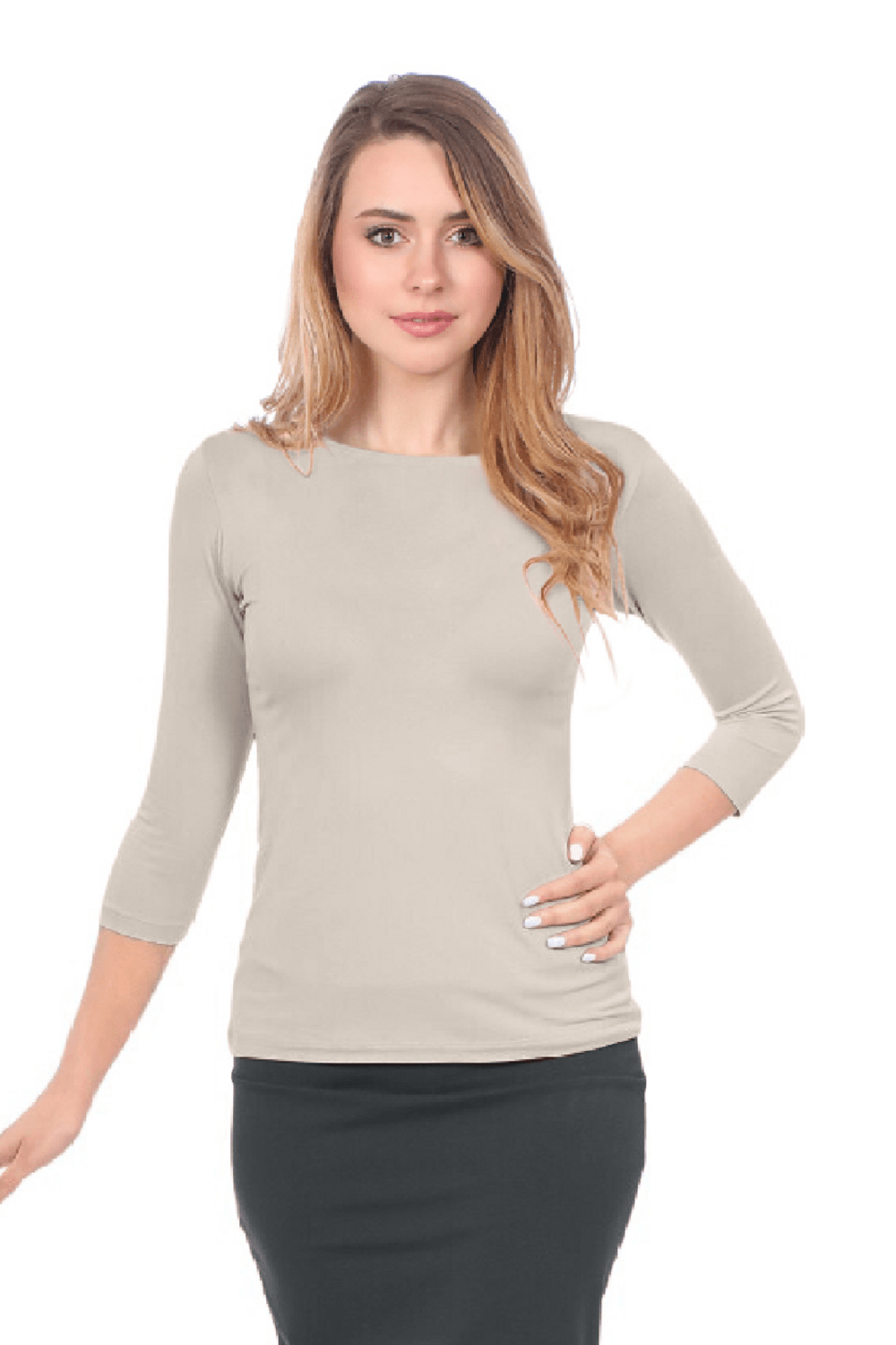 Fitted 3/4 Sleeve Layering Shell - High Round Neckline Slim-Fit Undershirt - Overture Gifts