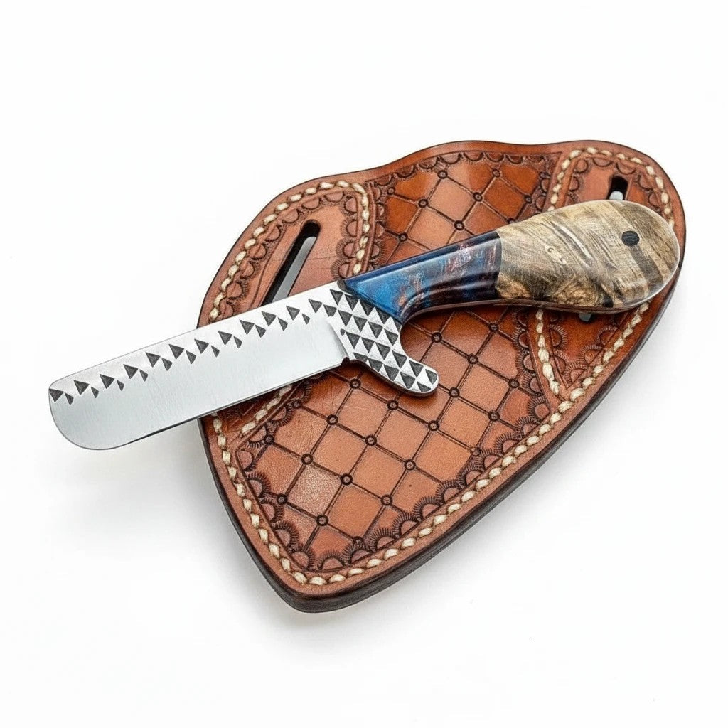 The Stampede – Custom Handmade Farrier Rasp Steel Western Bull Cutter Knife with Rosewood & Epoxy Resin Handle & Leather Sheath
