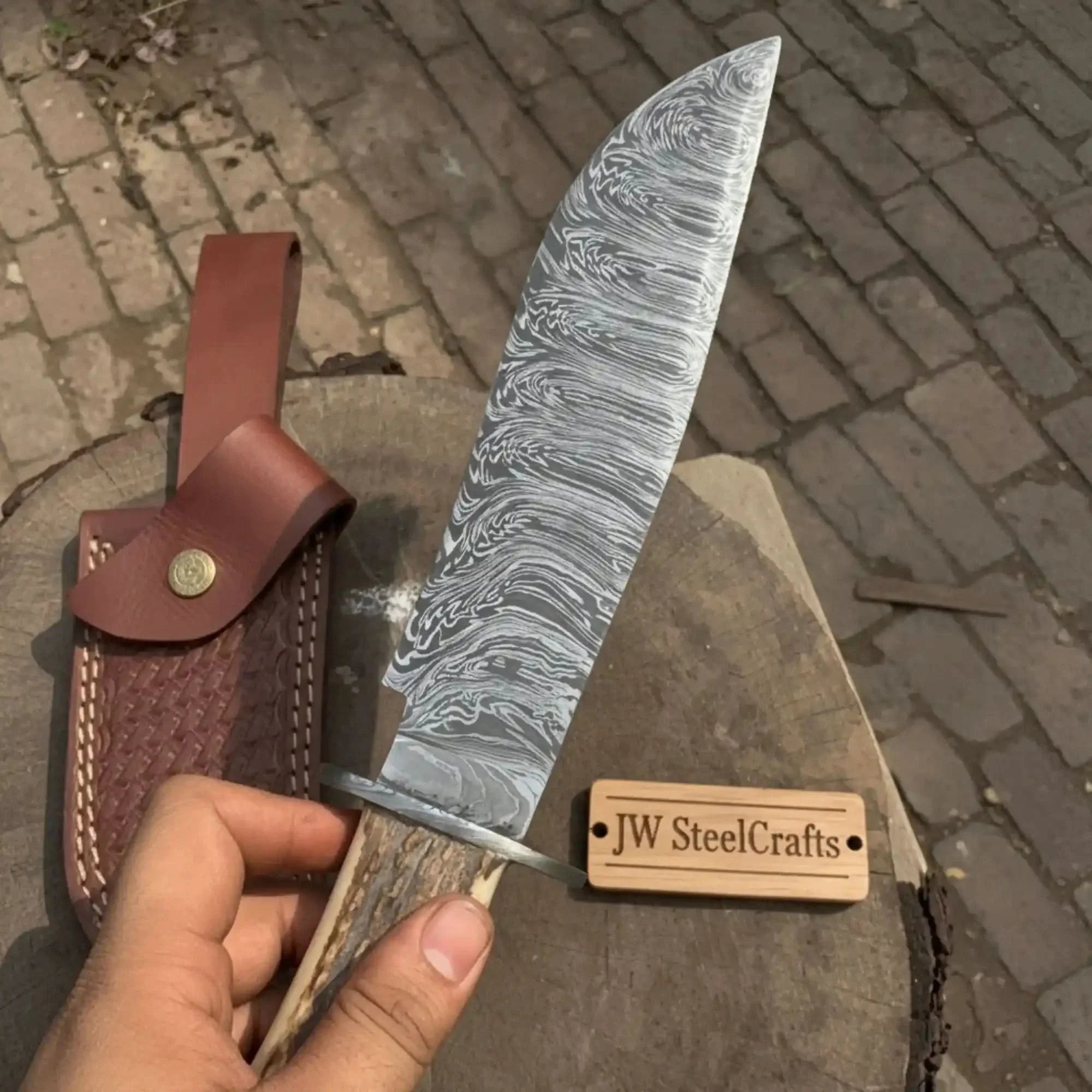 Timberhorn Bowie Blade Handmade 8" Clip Point Hunting Blade with Stag Handle & Leather Sheath