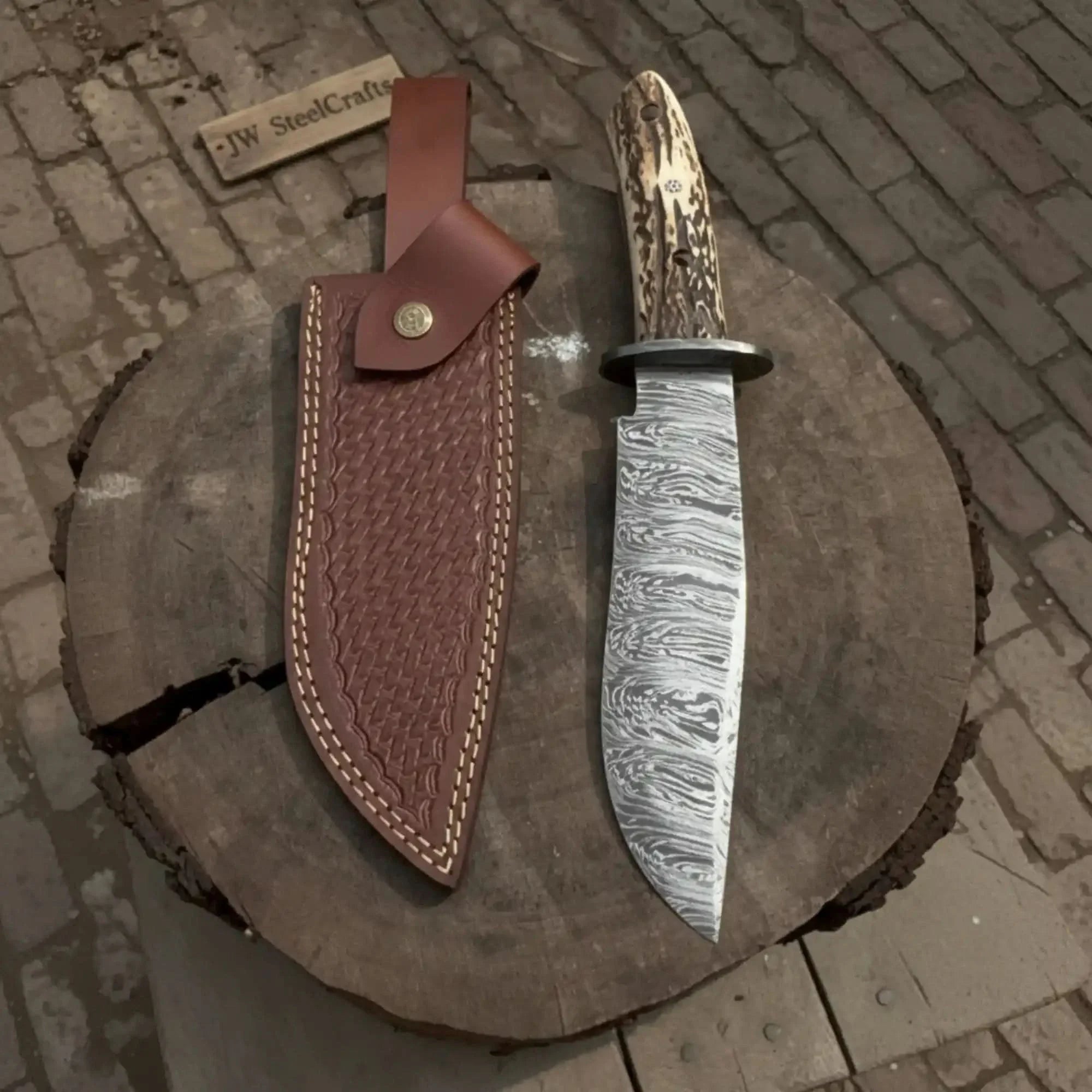 Timberhorn Bowie Blade Handmade 8" Clip Point Hunting Blade with Stag Handle & Leather Sheath