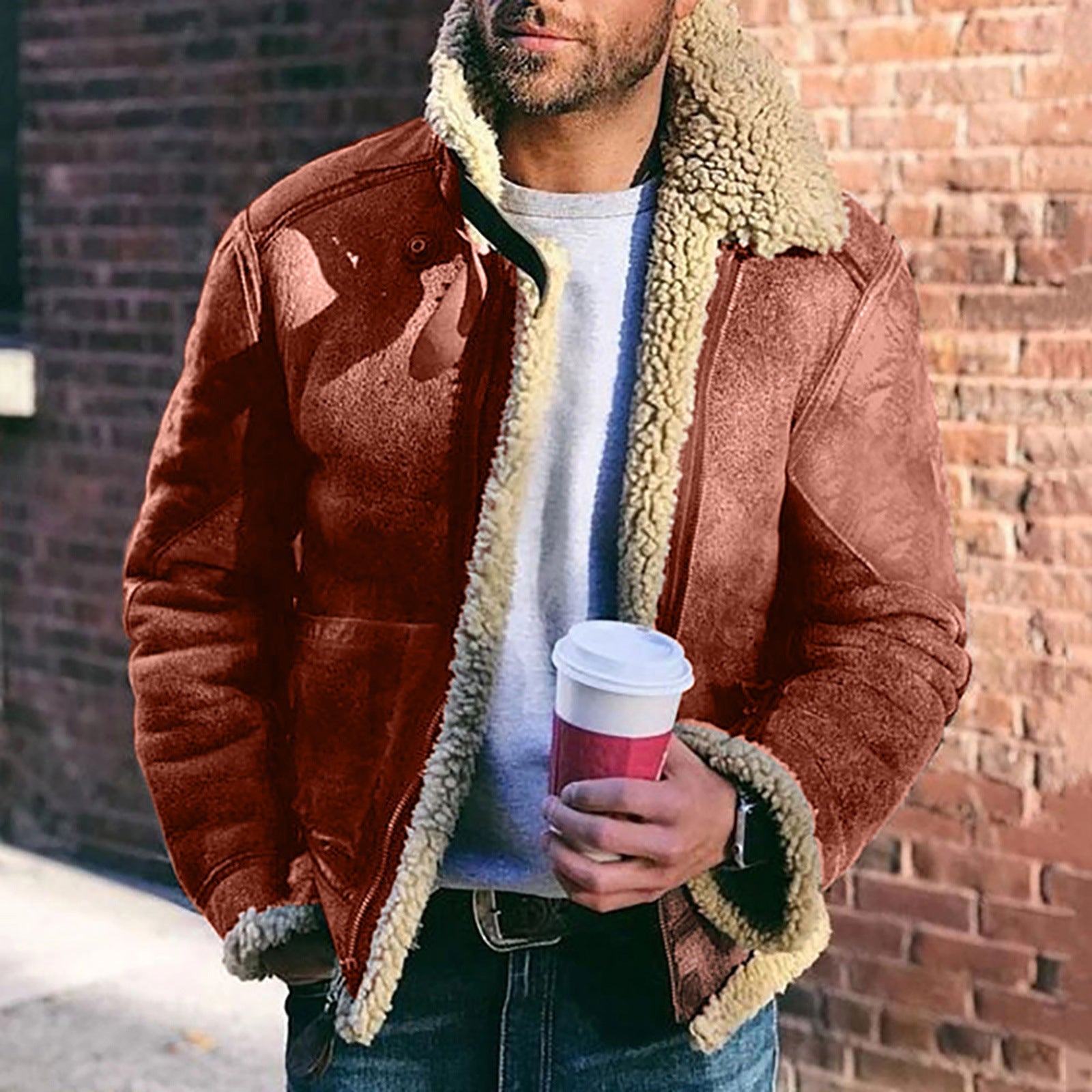 Fur Integrated Short Belt Large Lapel Men's Coat - Overture Gifts