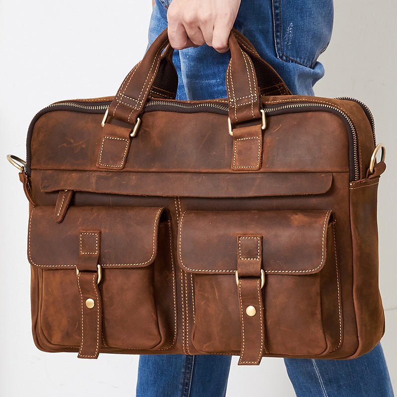 Genuine men''s bags retro men''s business bags briefcase cowhide oblique Bag 15.6 inch Laptop Bag - Overture Gifts
