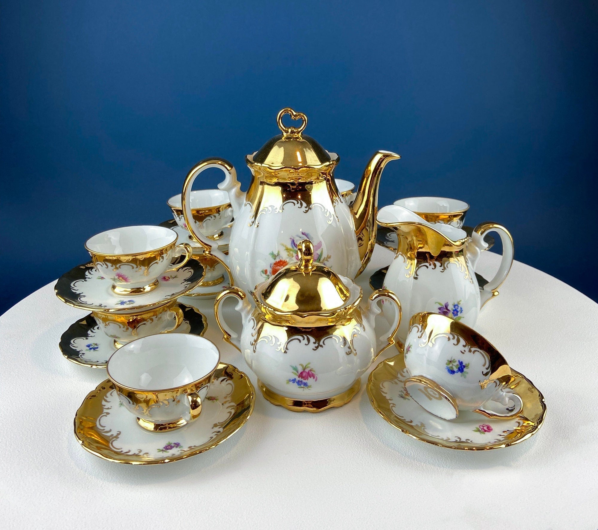 Gold Demitasse Tea Set: Prussian Hand-Painted Coffee/Tea Service for Two - Overture Gifts