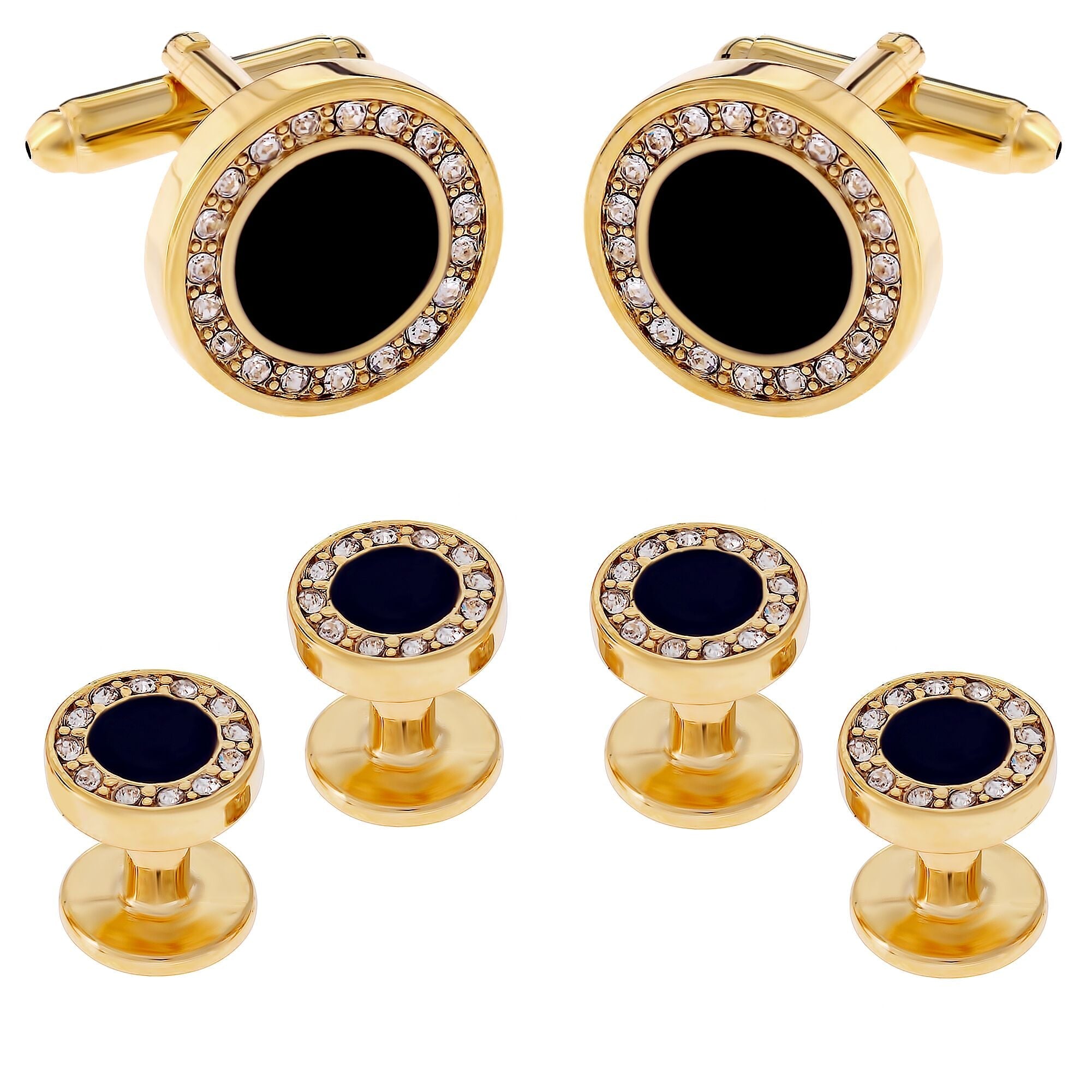 Men's Black Onyx and Cubic Zirconia Cufflinks Studs Gold Tuxedo Formal Set with Gift Box