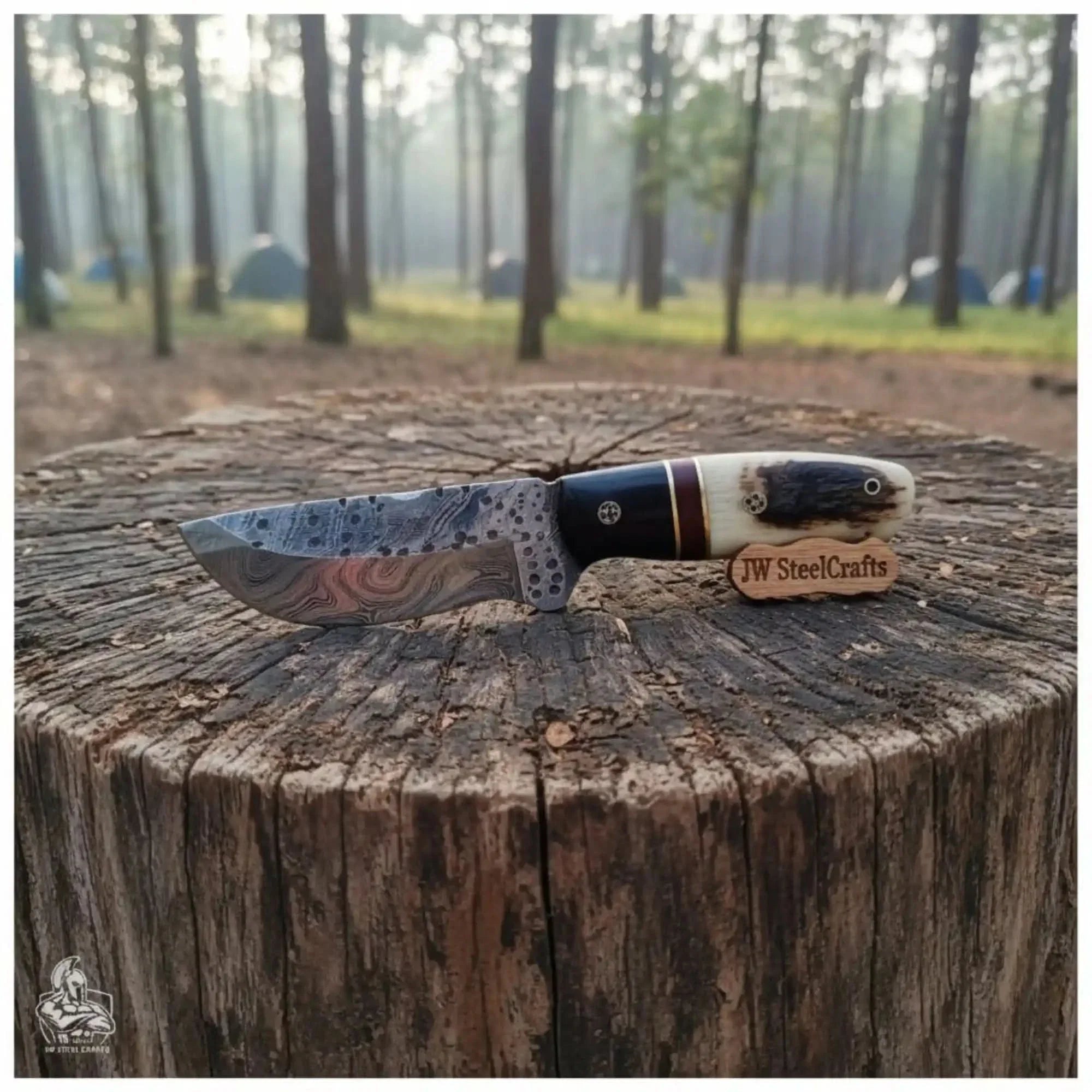Skinner Knife Damascus Steel Ram Horn Handle 3.5 Inch Blade Hunting Knife