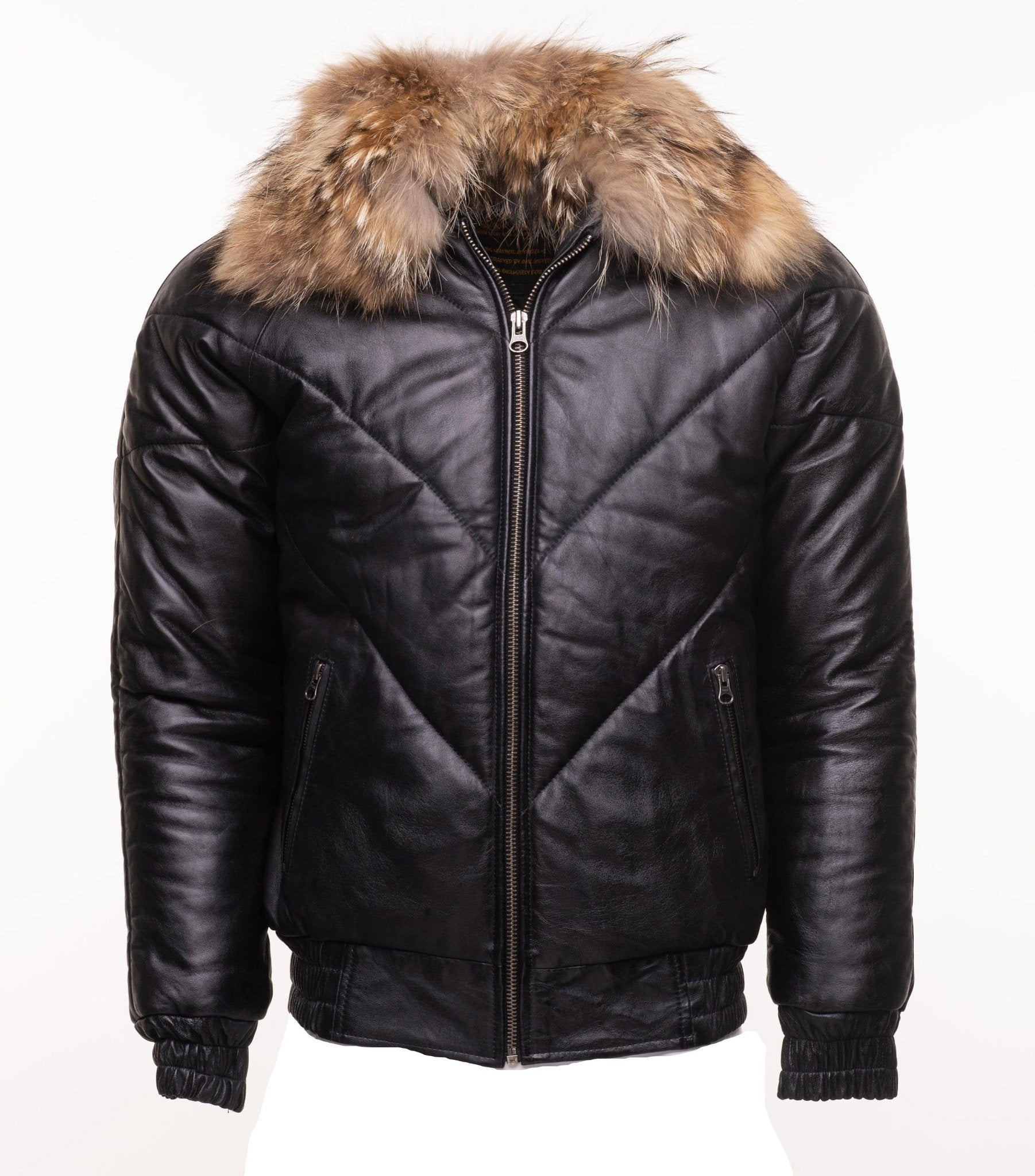 Handmade Black V-Bomber Style Puffer Winter Leather Jacket With Fur Collar - Overture Gifts