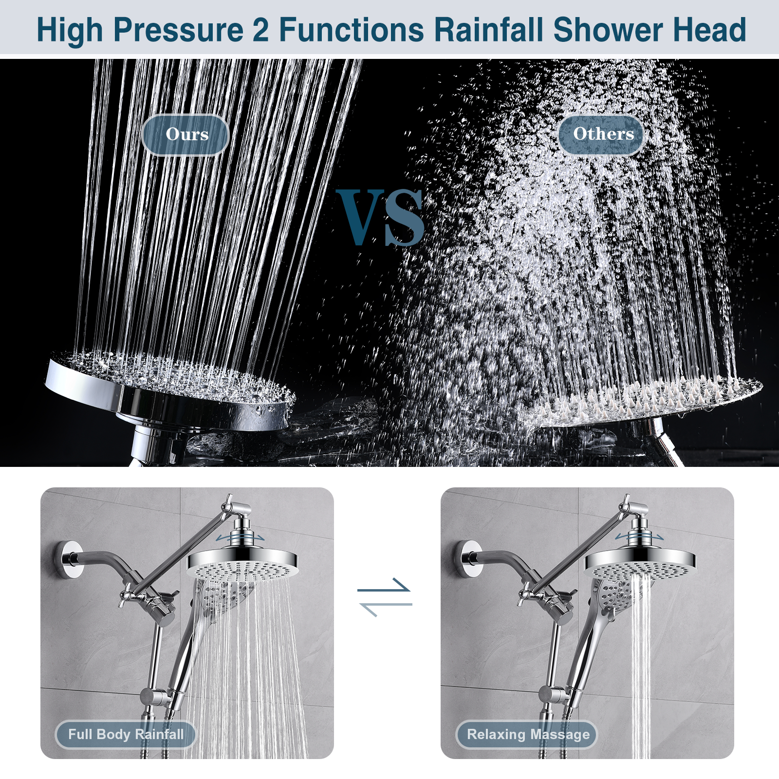 Dual Shower Head with Adjustable Extension Arm, 3-Way Diverter and Hose