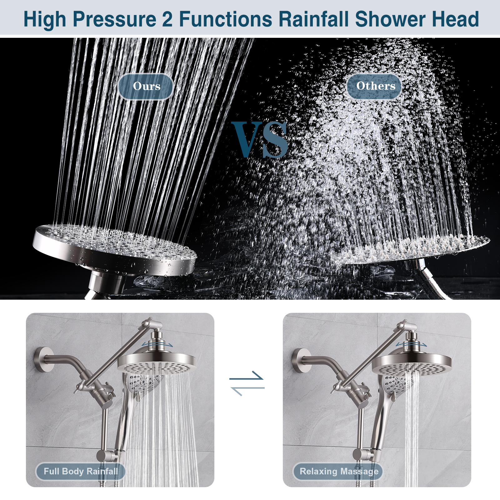 Dual Shower Head with Adjustable Extension Arm, 3-Way Diverter and Hose