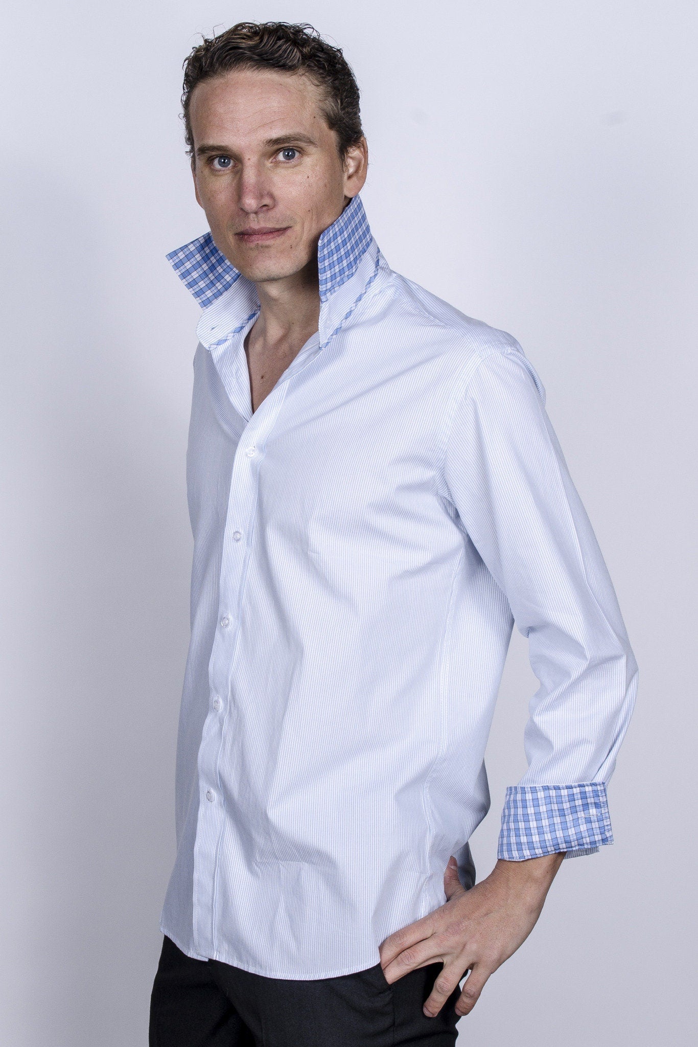 Men's Slim Fit Light Blue Striped Cotton Dress Shirt