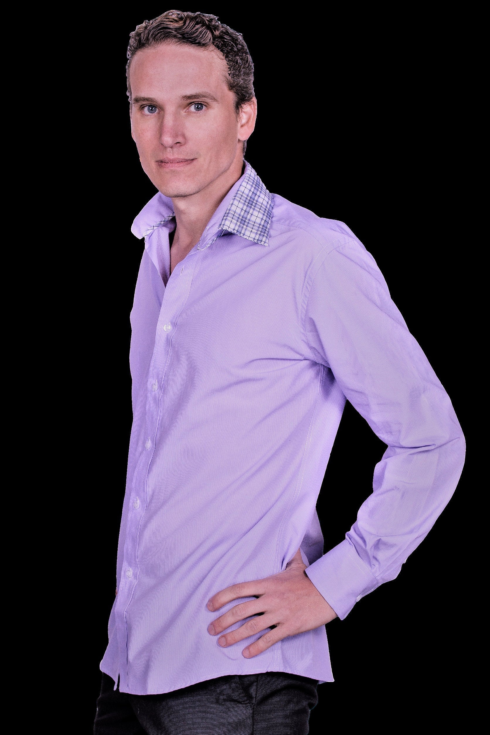 Men's Slim Fit Lavender Dress Shirt: Modern Cotton with Collar Cover