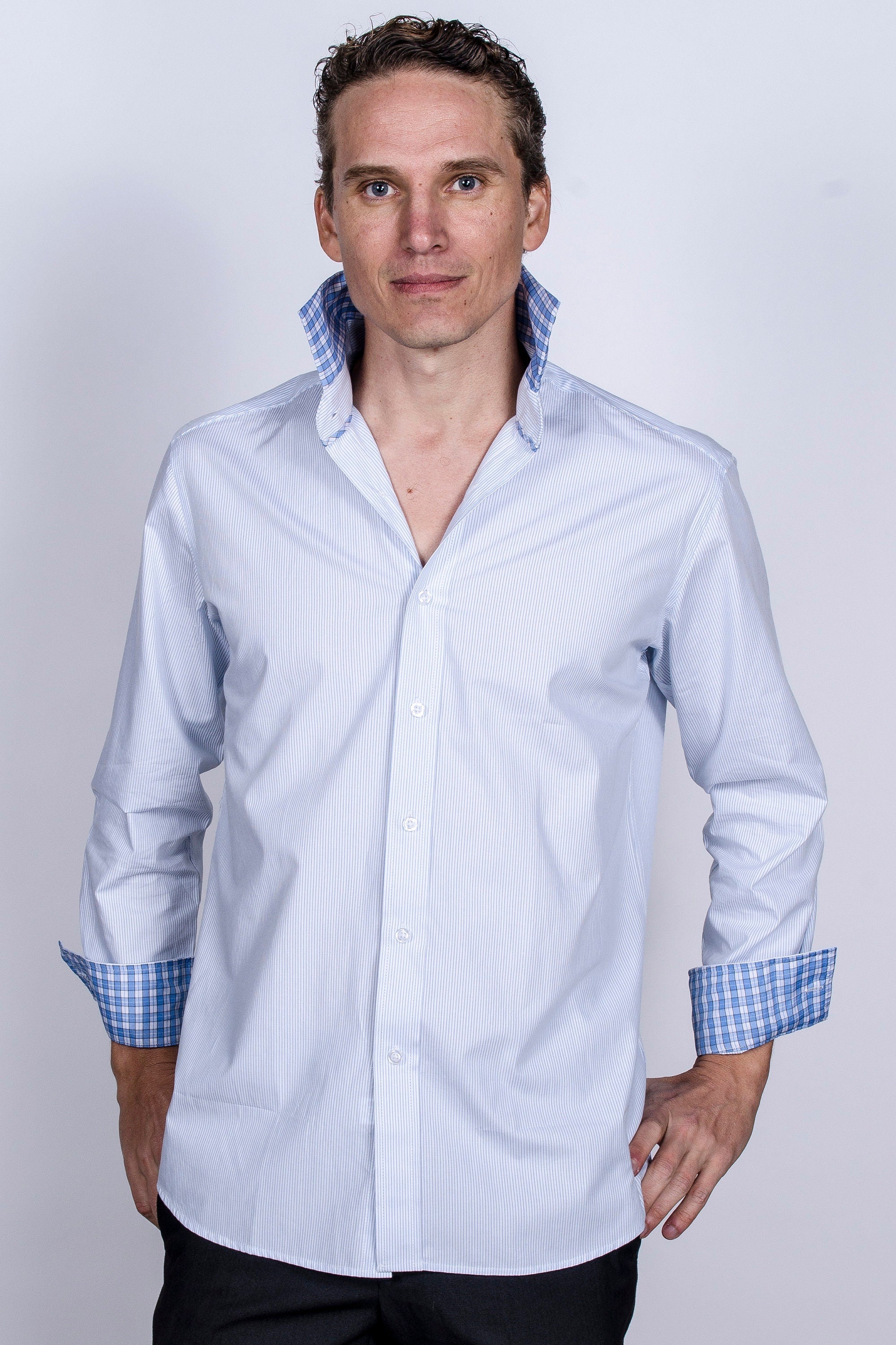 Men's Slim Fit Light Blue Striped Cotton Dress Shirt