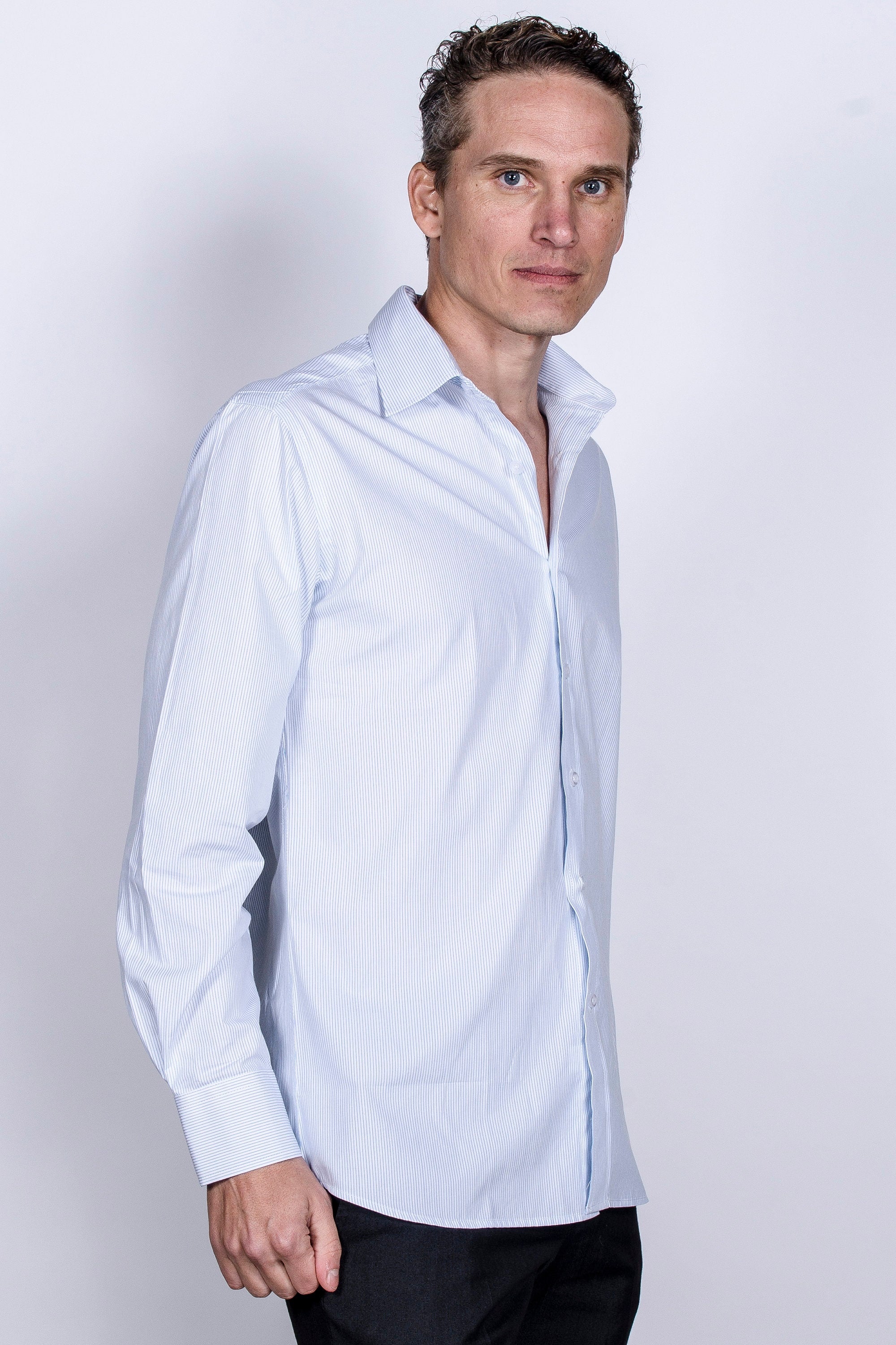 Men's Slim Fit Light Blue Striped Cotton Dress Shirt