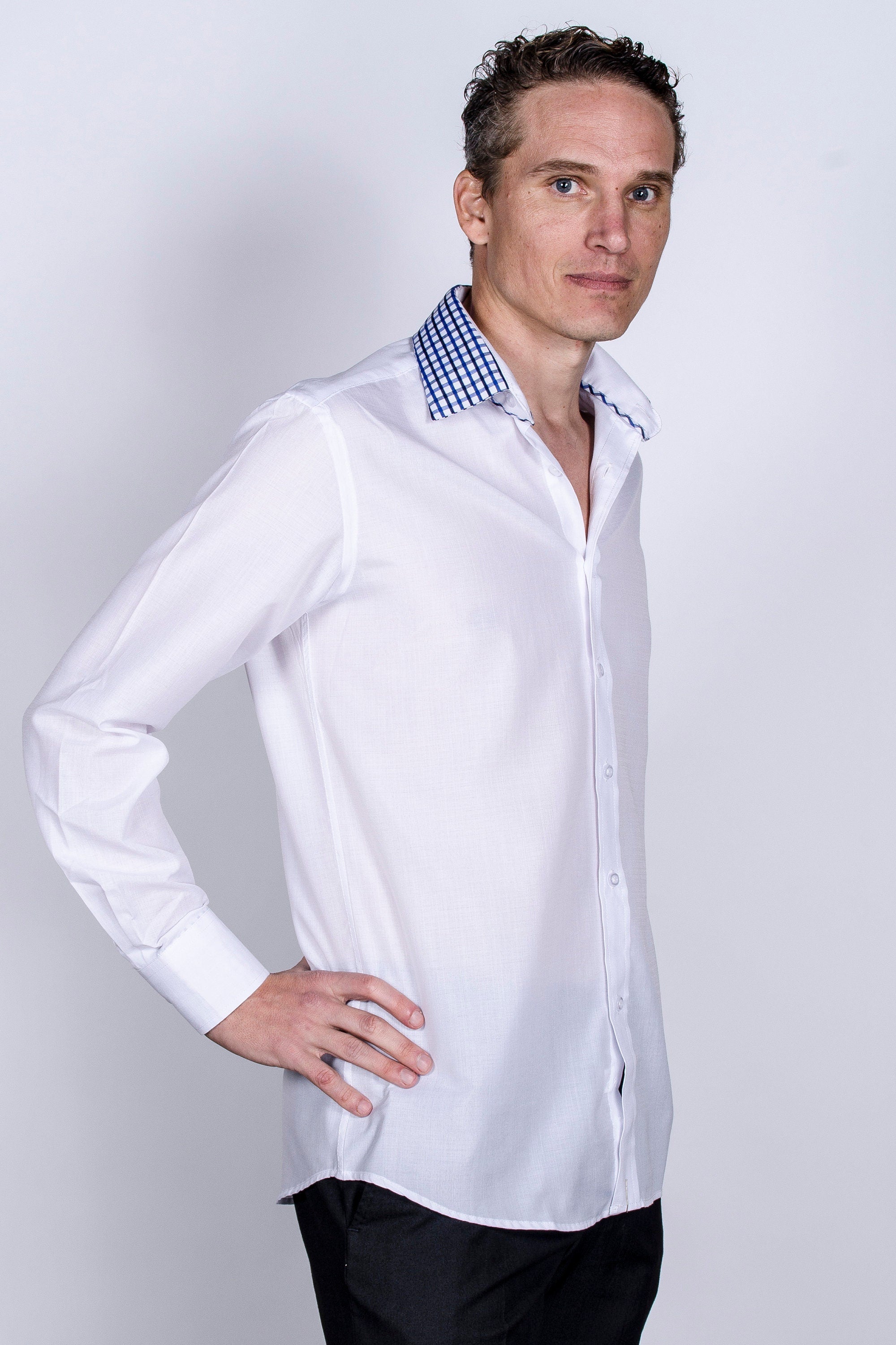 Men's Slim Fit Cotton Dress Shirt: White with Plaid Cuff