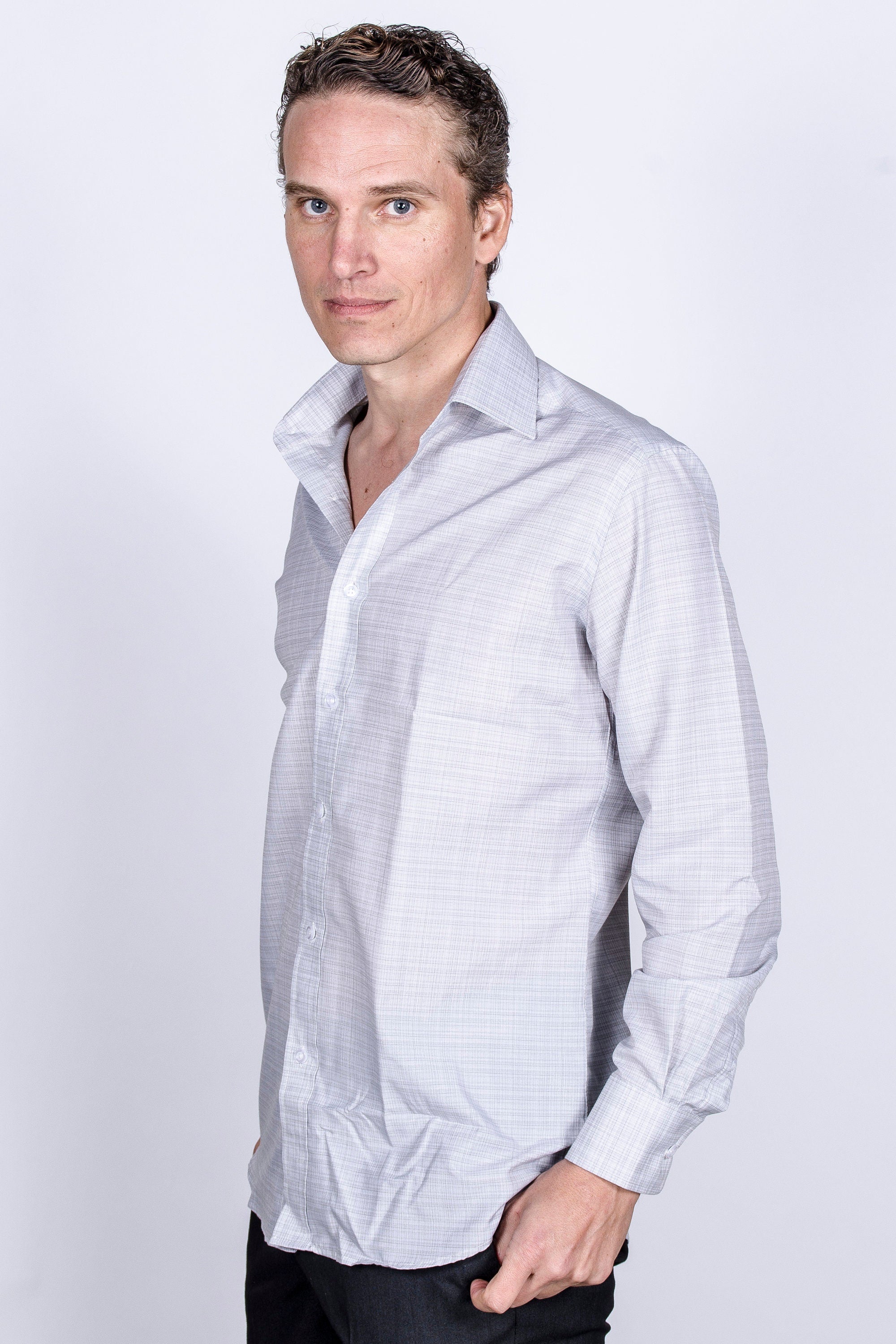Men's Light Gray Slim Fit Cotton Dress Shirt with Collar Cover