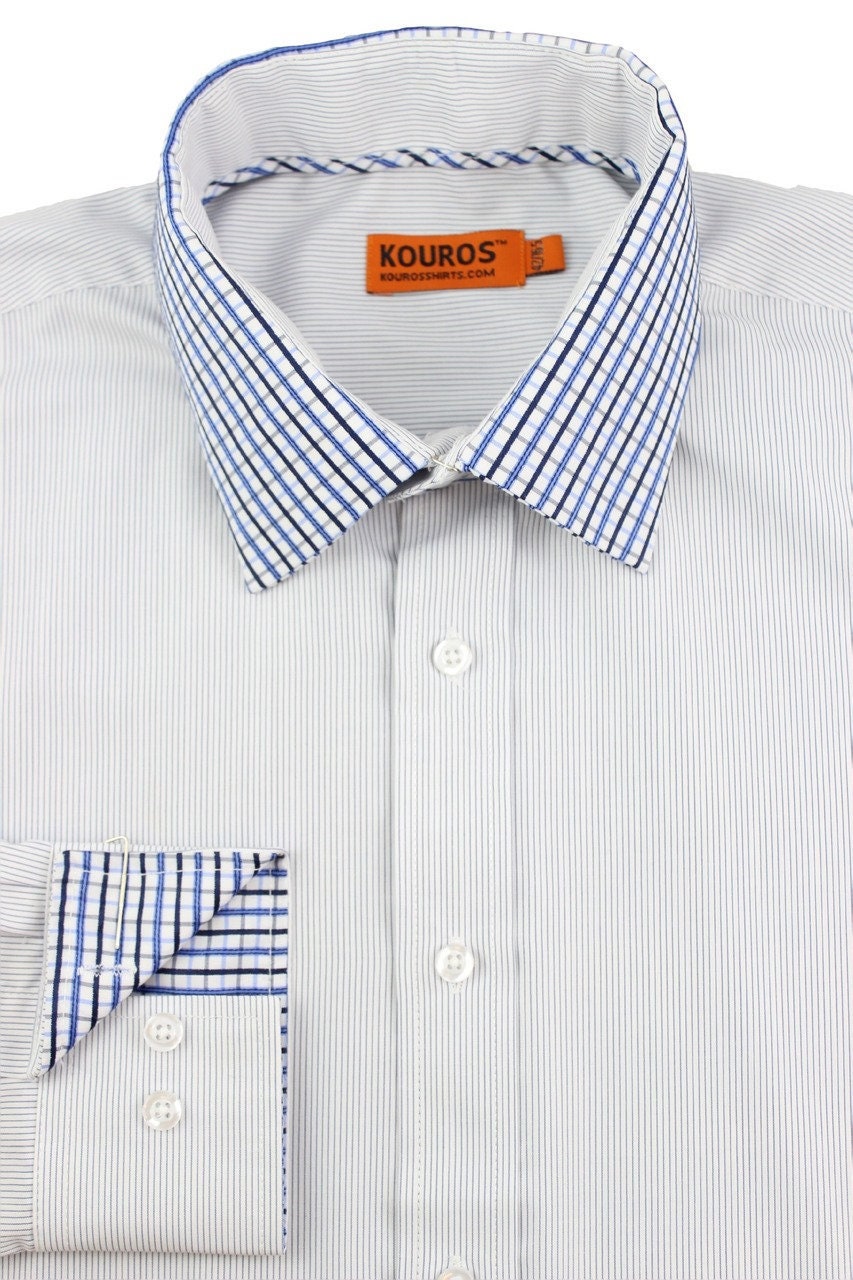 Men's Slim Fit Cotton Dress Shirt: Deep Blue Bar Plaid