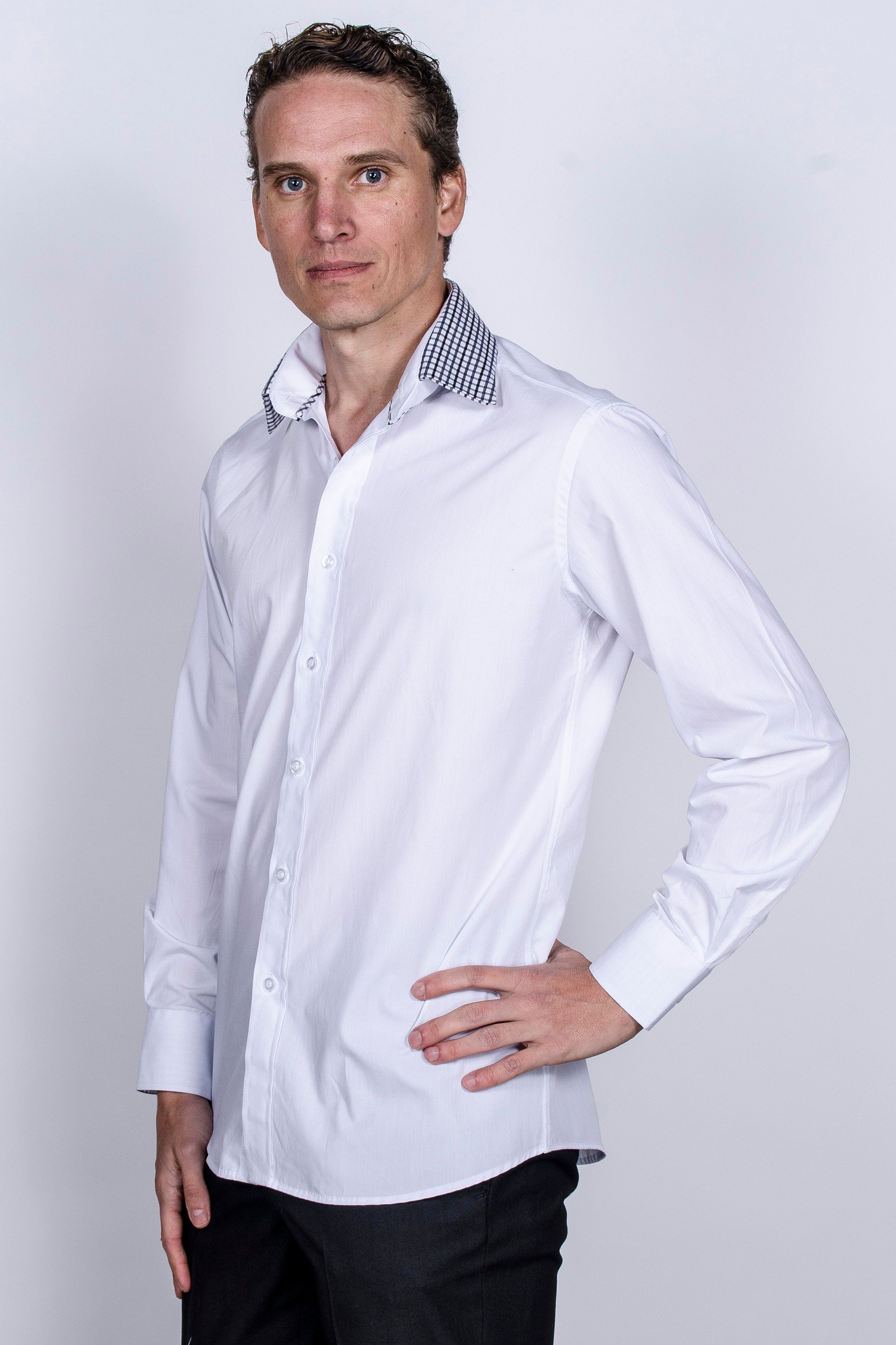 Men's Slim Fit Cotton Dress Shirt - White Semi-Spread Collar