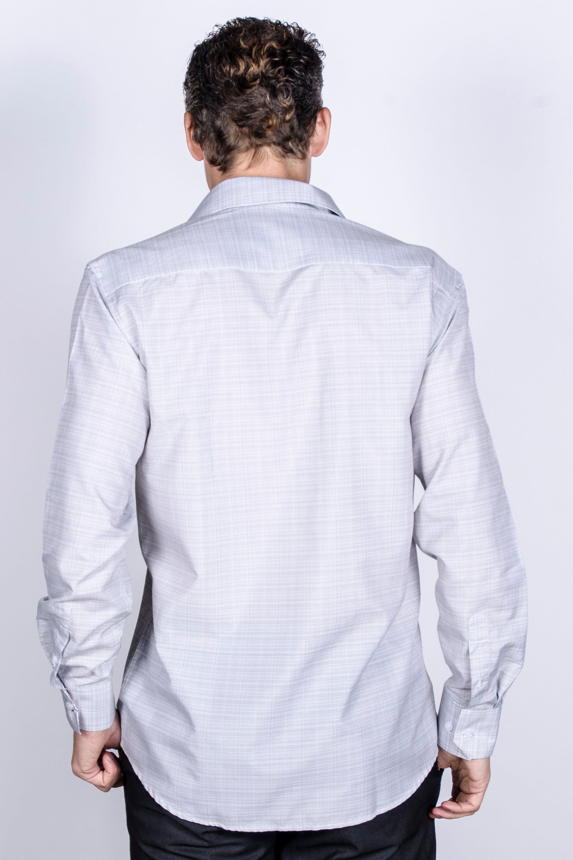 Men's Light Gray Slim Fit Cotton Dress Shirt with Collar Cover
