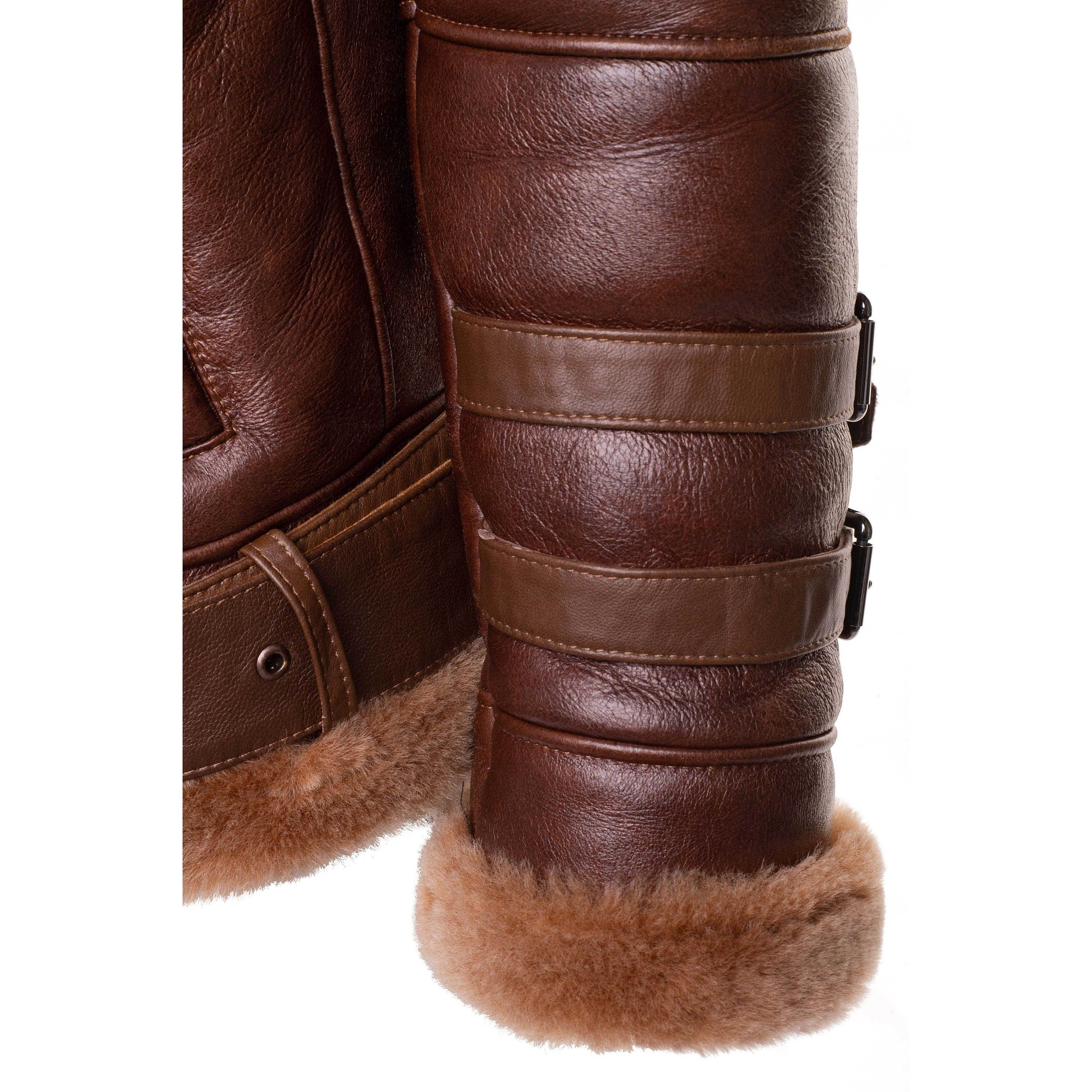 Handmade Phan's Brown Aviator Bomber Shearling Jacket With A Waist Belt