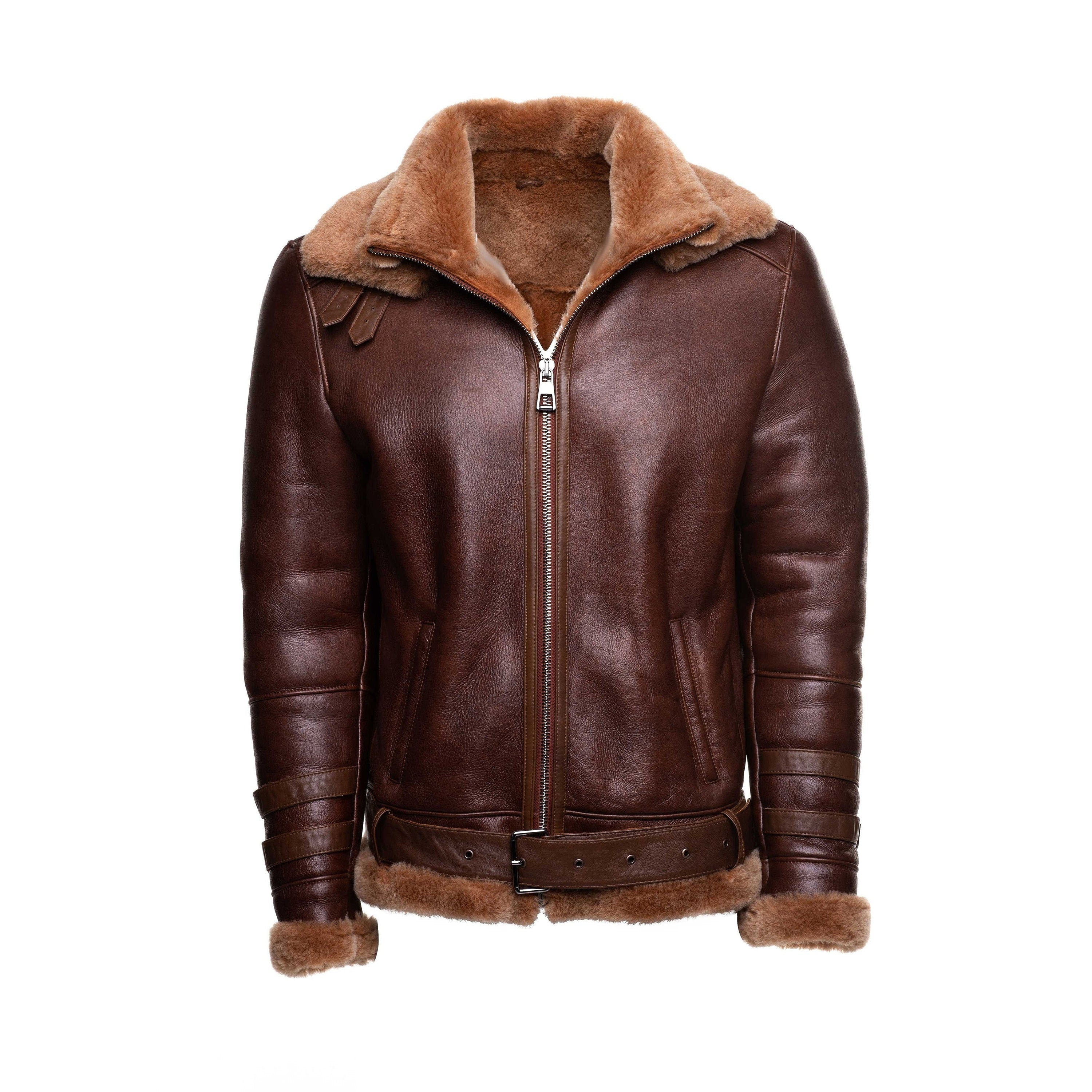 Handmade Phan's Brown Aviator Bomber Shearling Jacket With A Waist Belt