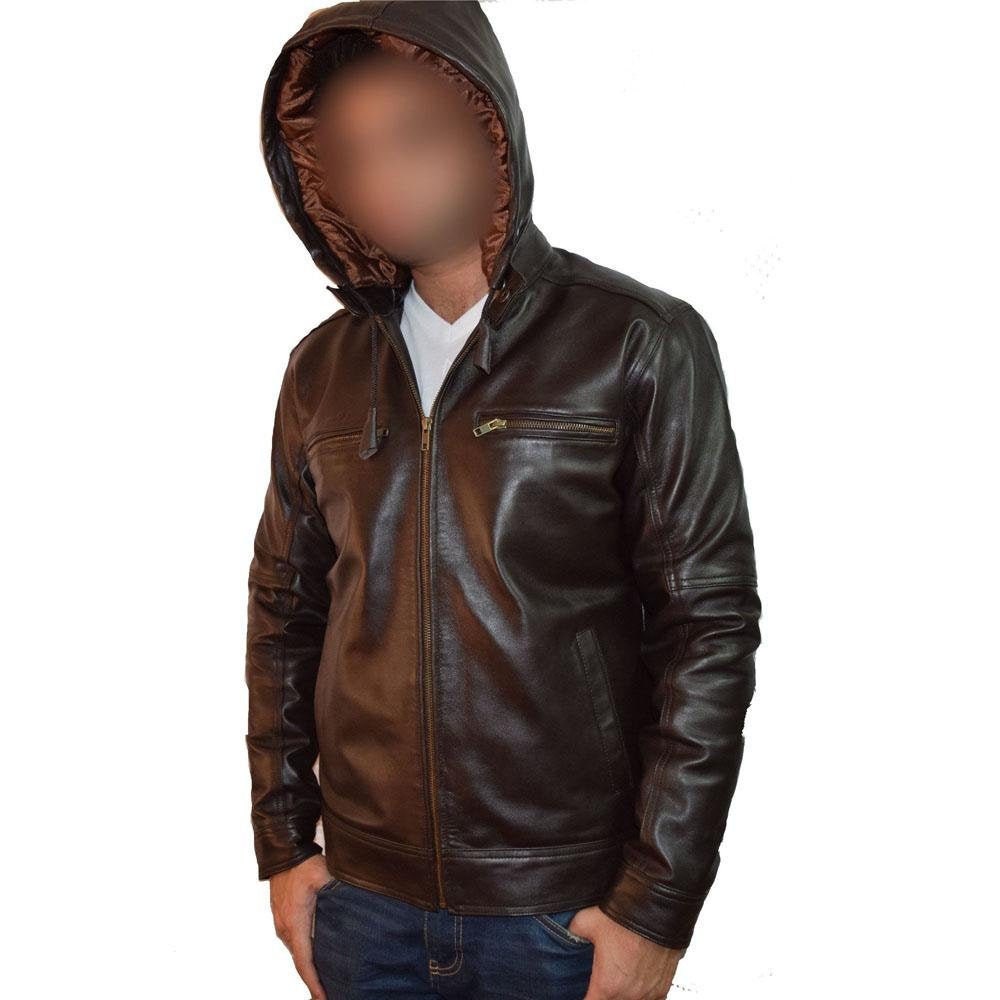 Handmade Plain Dark Brown Leather Jacket With Hoodie