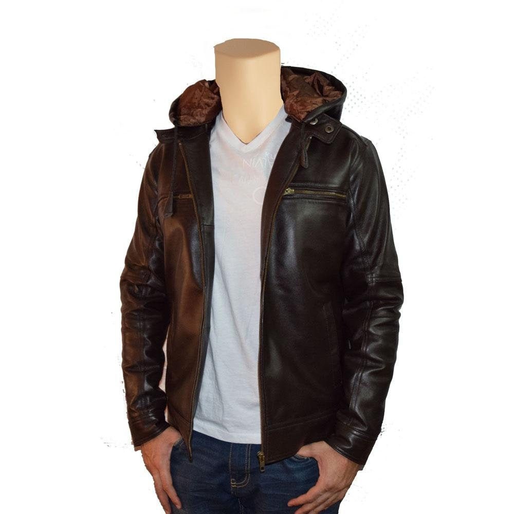 Handmade Plain Dark Brown Leather Jacket With Hoodie