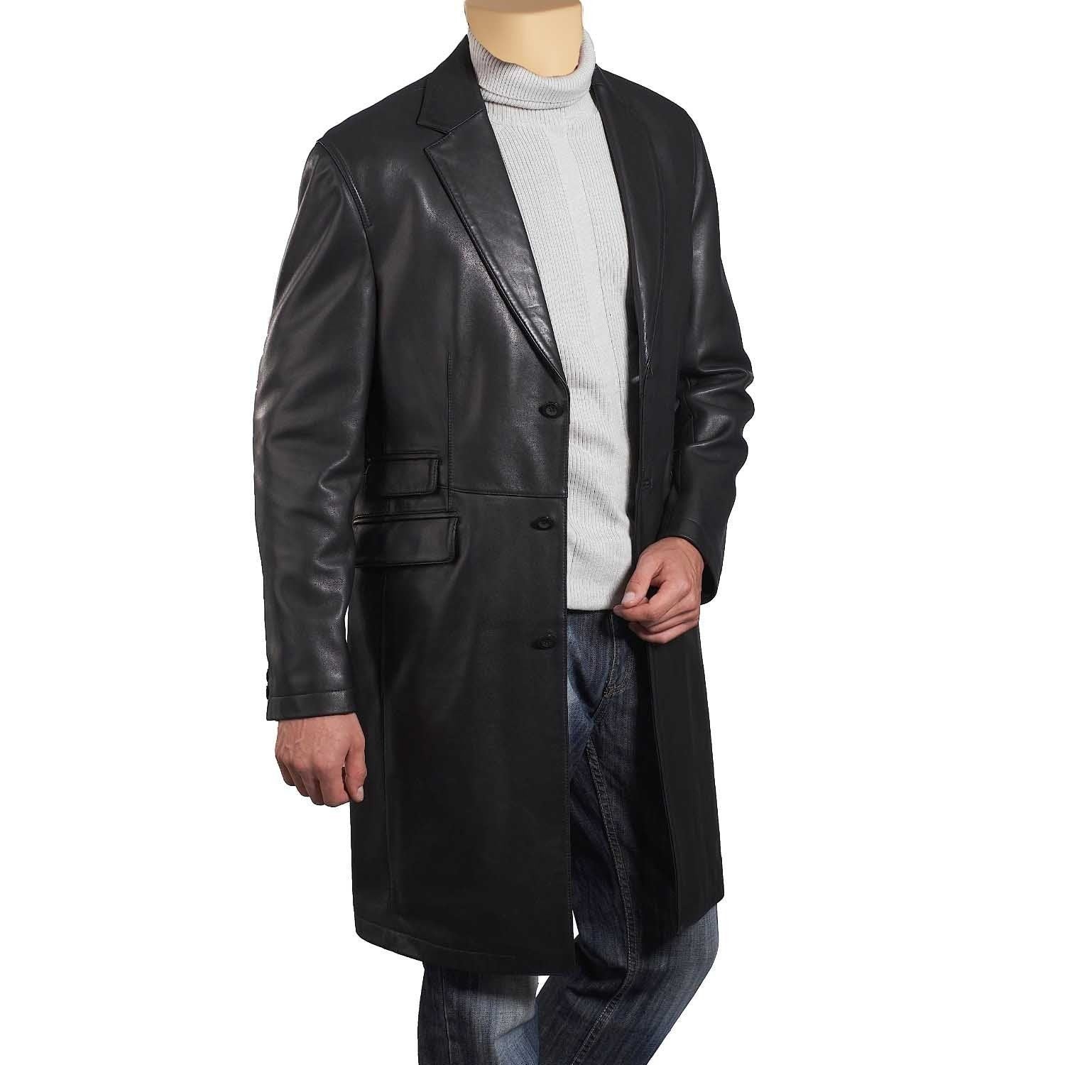 Handmade Black Leather 3/4 Length Trench Coat