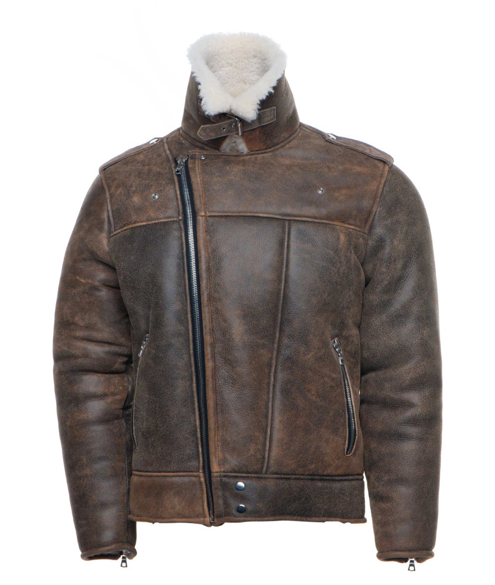 Handmade Carter Distressed Biker Bomber Shearling Jacket With Notch Lapels