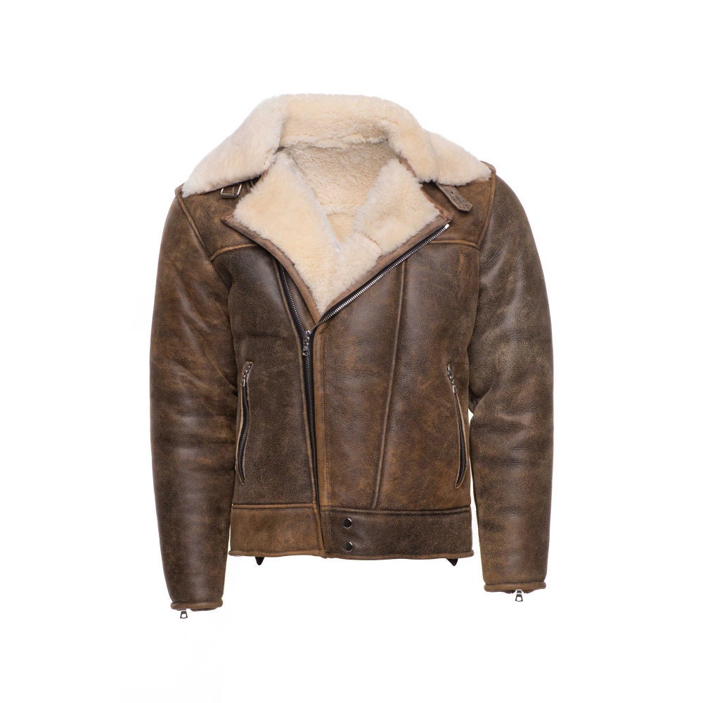 Handmade Carter Distressed Biker Bomber Shearling Jacket With Notch Lapels