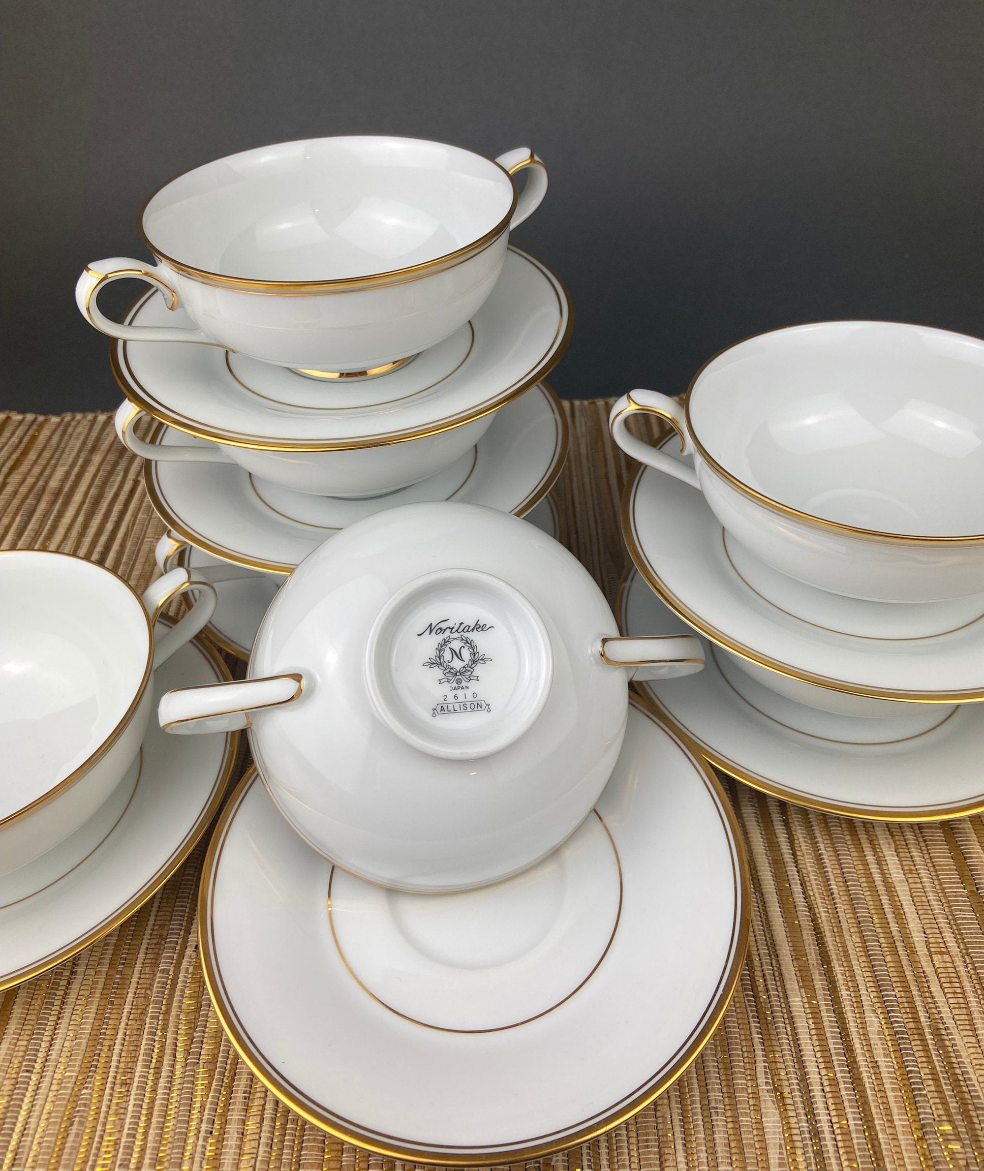 Vintage Noritake Allison Porcelain Soup Bowls & Saucers, Gold Wedding Band China, Set of 7