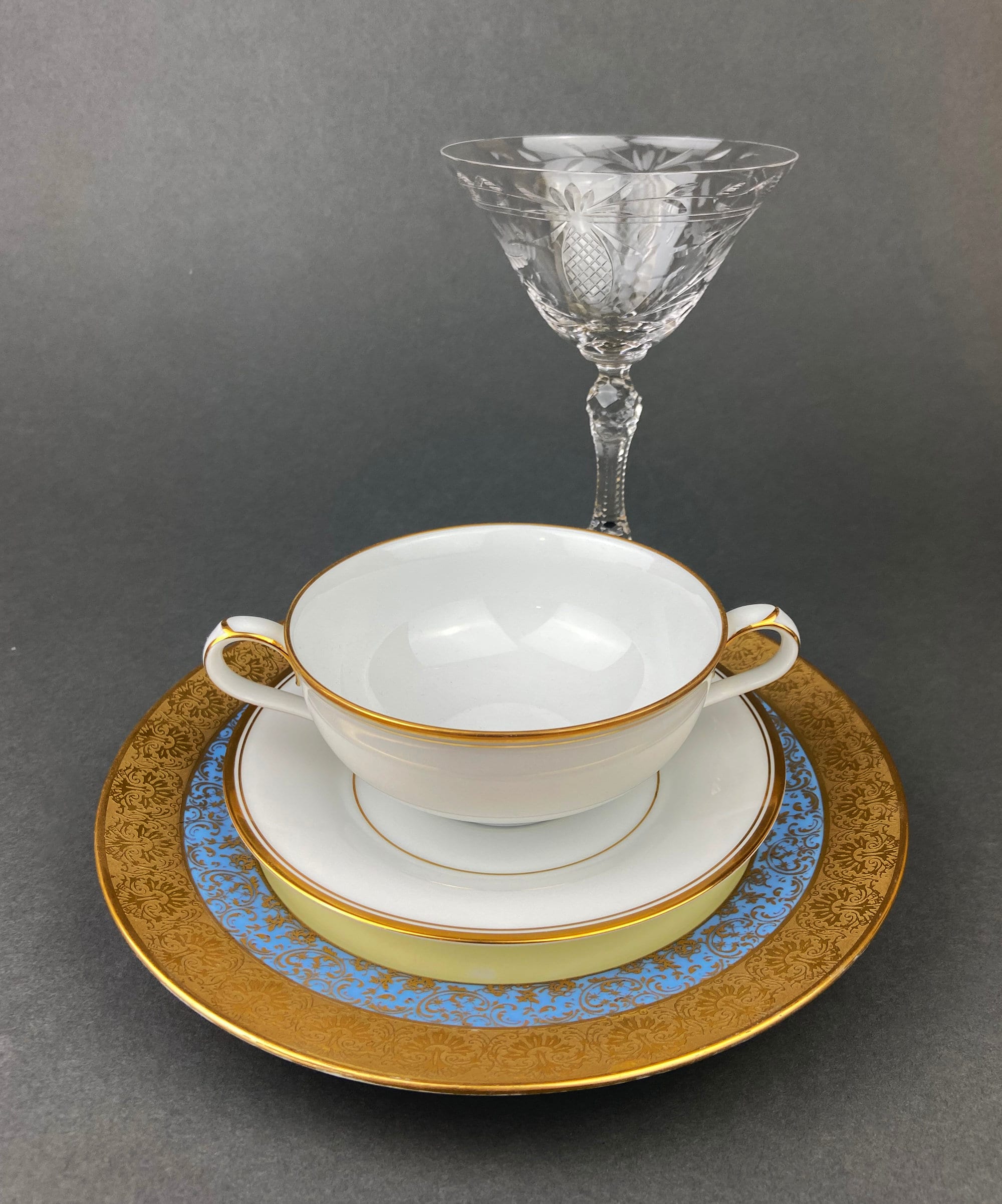Vintage Noritake Allison Porcelain Soup Bowls & Saucers, Gold Wedding Band China, Set of 7