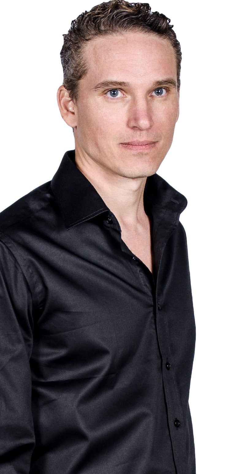 Men's Slim Fit Cotton Dress Shirt - Black Semi-Spread Collar