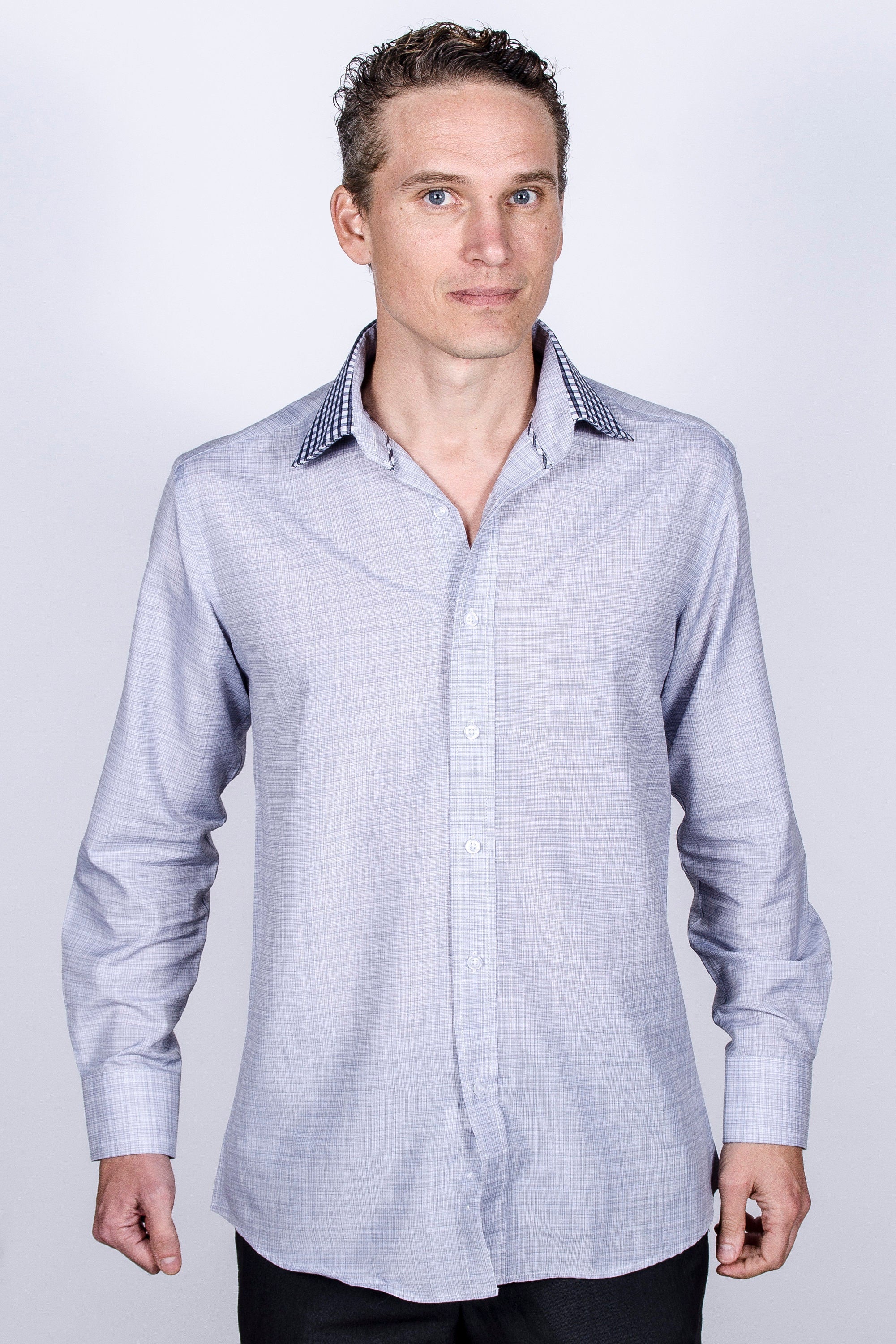 Men's Slim Fit Plaid Dress Shirt: Dark Gray Cotton with Collar Cover