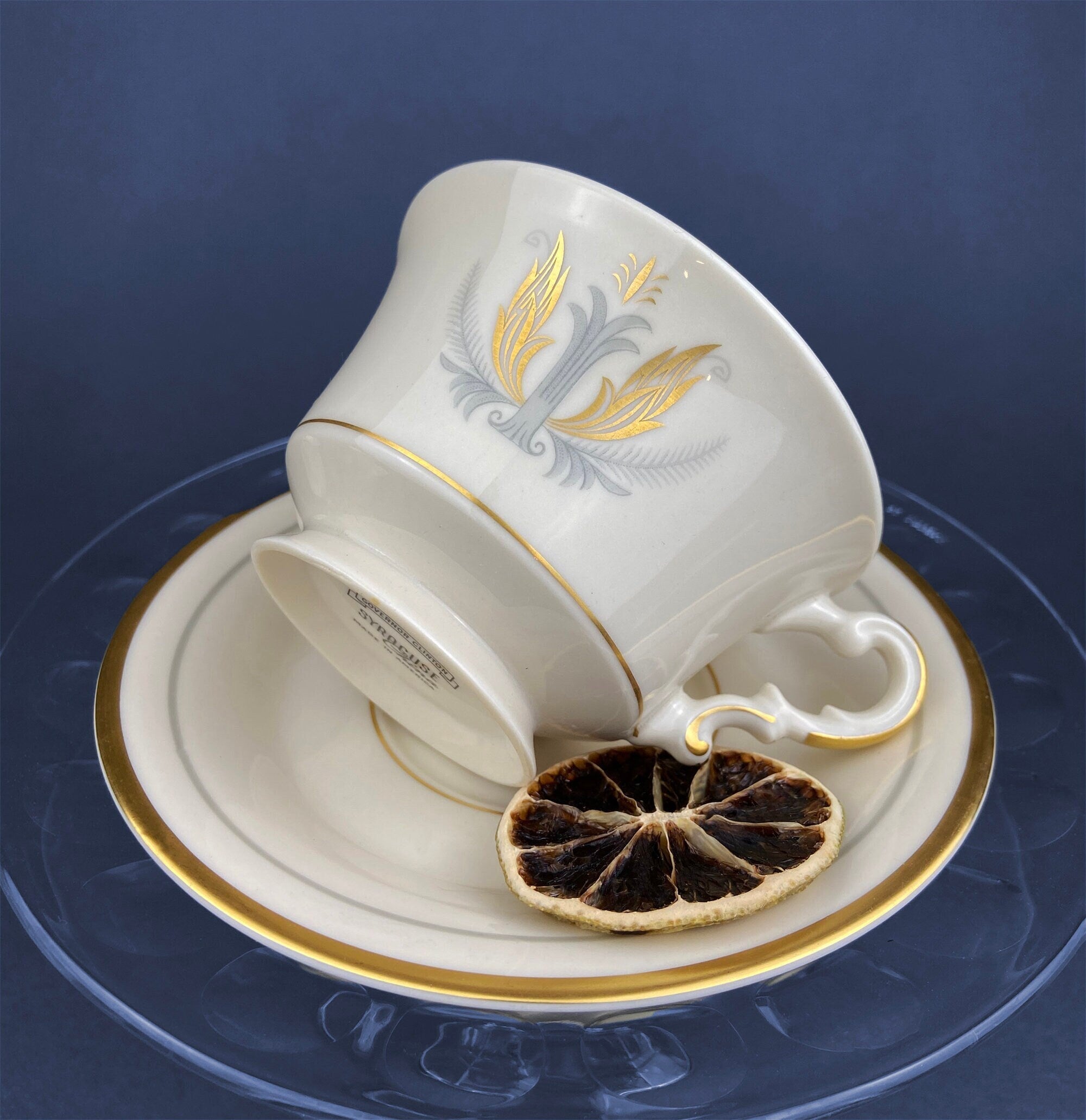 Vintage Cups and Saucers by Syracuse China. Governor Clinton Pattern. Set of 5 Tea Cups Made in USA.