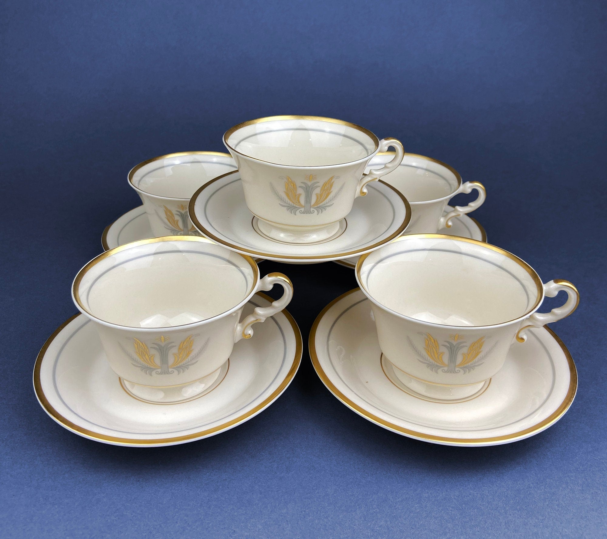 Vintage Cups and Saucers by Syracuse China. Governor Clinton Pattern. Set of 5 Tea Cups Made in USA.