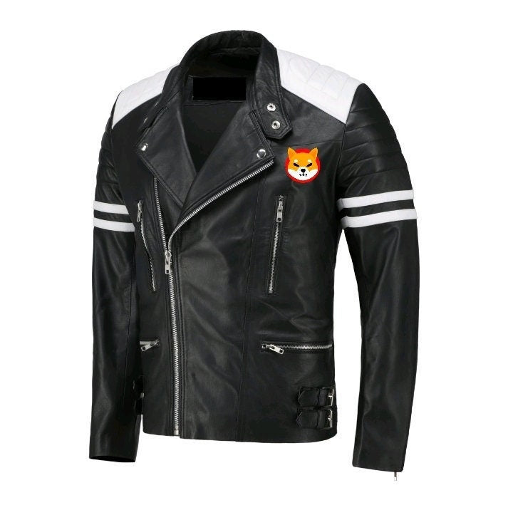 Handmade Shiba Inu Bomber Leather Jacket White Stripes