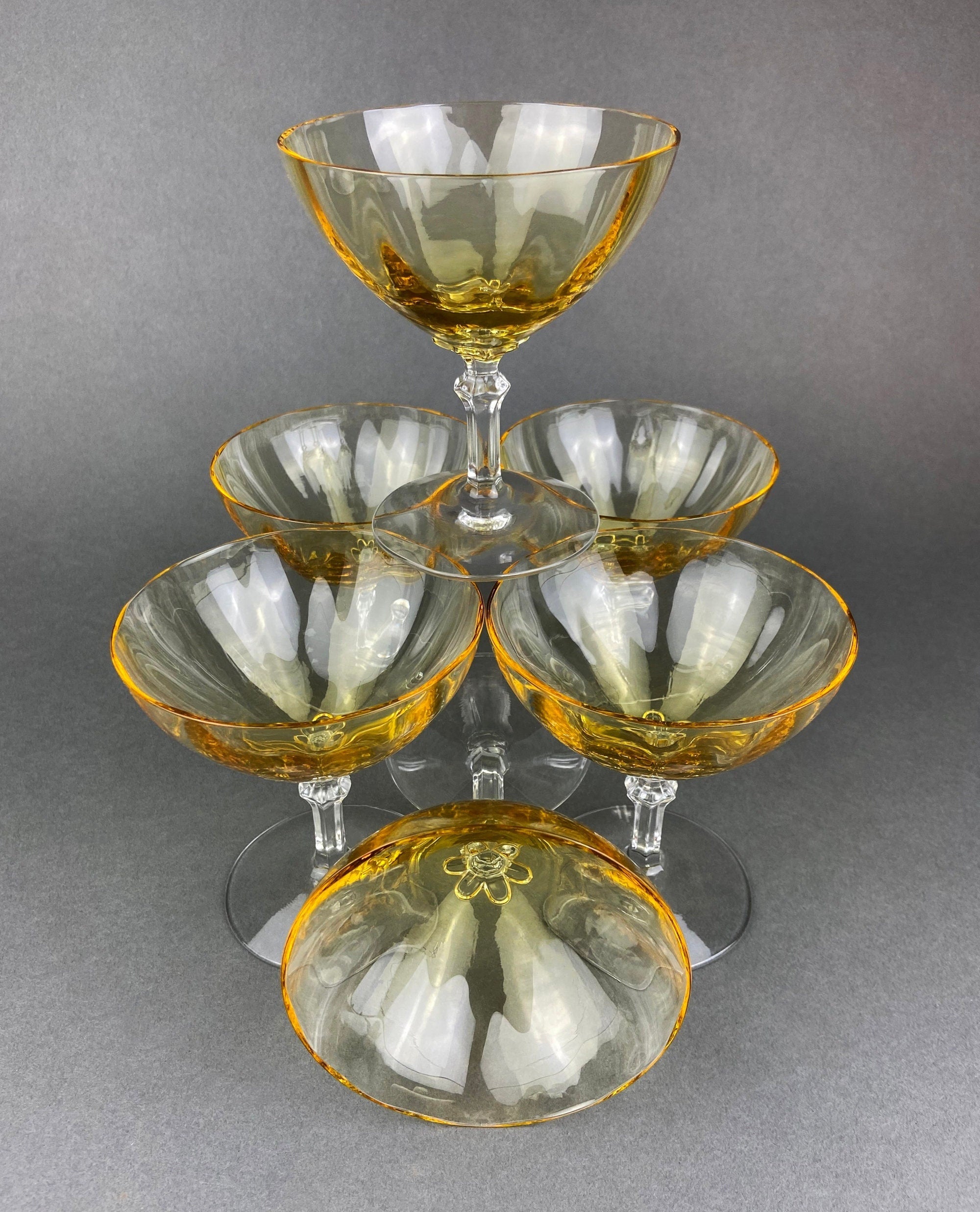 Vintage Fostoria Crystal Topaz Champagne Glasses. Light Yellow Depression Glass Low Sherbet Stemware. Gold Footed Glasses. Set of Six.