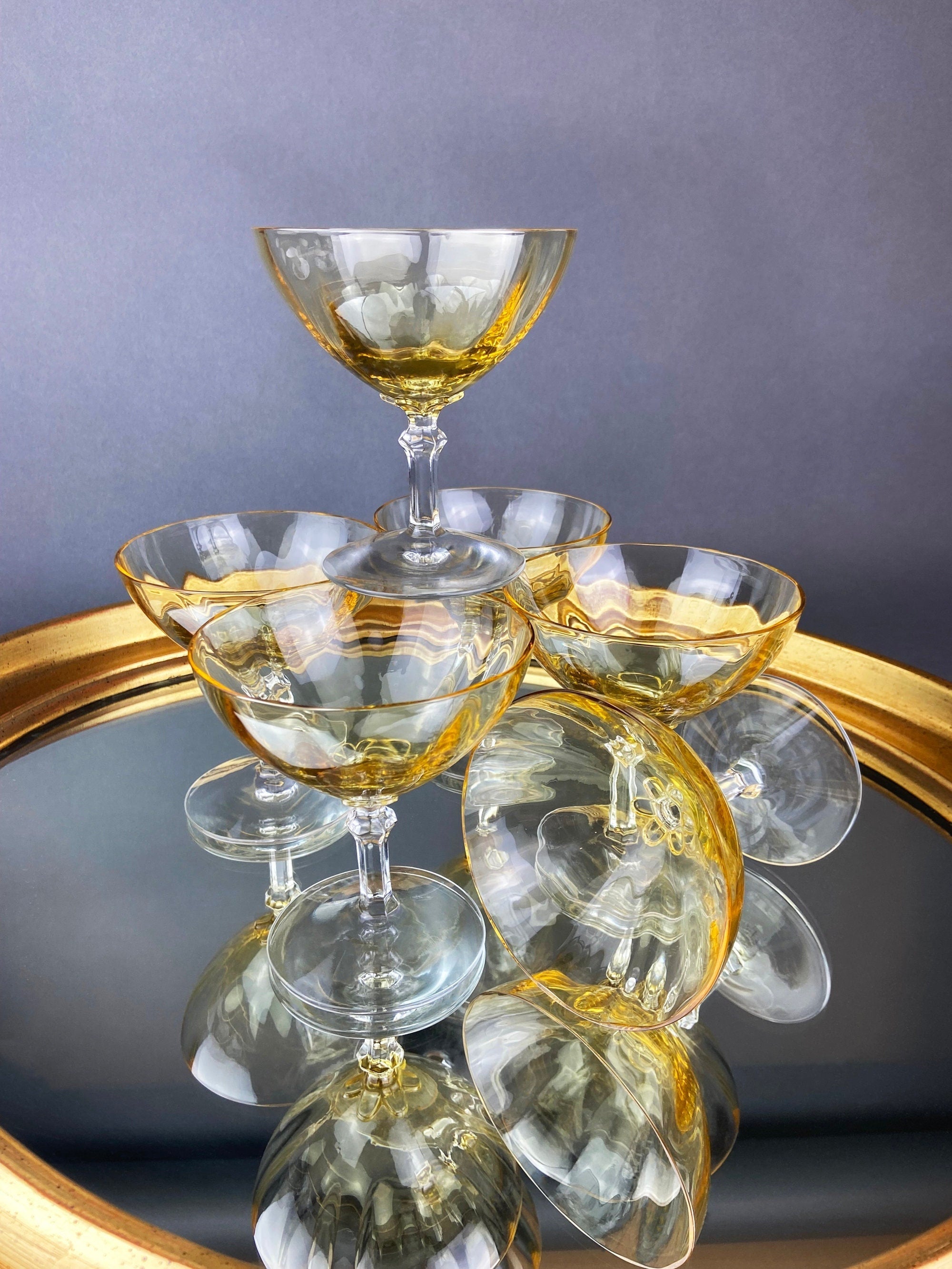 Vintage Fostoria Crystal Topaz Champagne Glasses. Light Yellow Depression Glass Low Sherbet Stemware. Gold Footed Glasses. Set of Six.