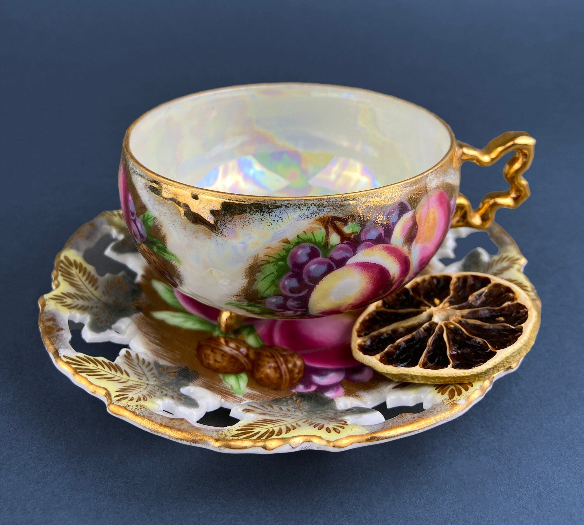 Vintage Mint Green and Gold Tea Cup & Saucer with Fruit Motif. Paragon Fine Bone China. Peaches, Plums, Berries. Gift for Him Her Tea Lover.